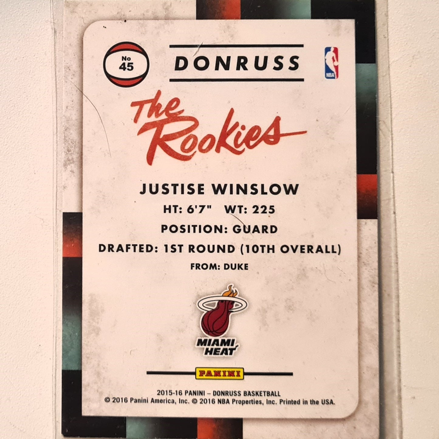 Justise Winlow 2015-16 Panini Donruss the rookies  Rookie RC 45 NBA Basketball Miami Heat good Sleeved