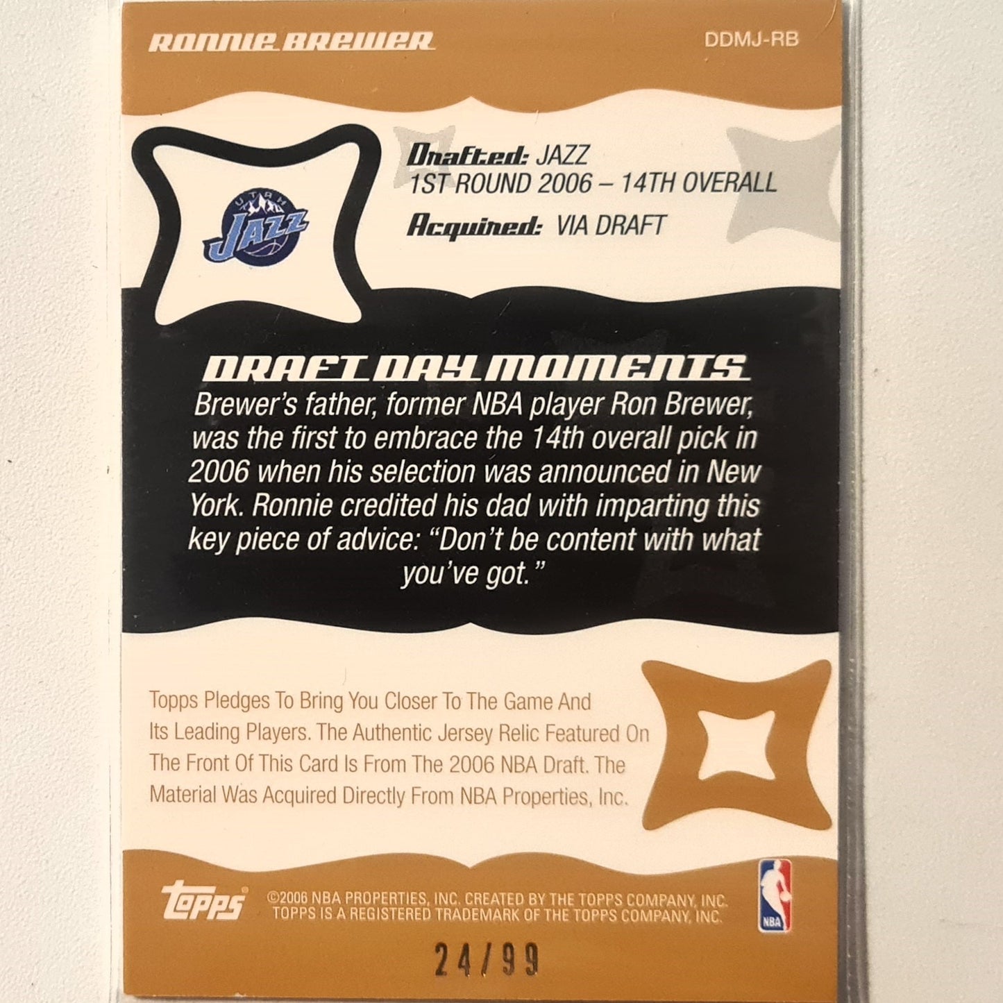 Ronnie Brewer 2006 Topps Draft Day Moments Rookie RC PATCH 24/99 DDMJ-RB NBA Basketball Utah Jazz very good sleeved