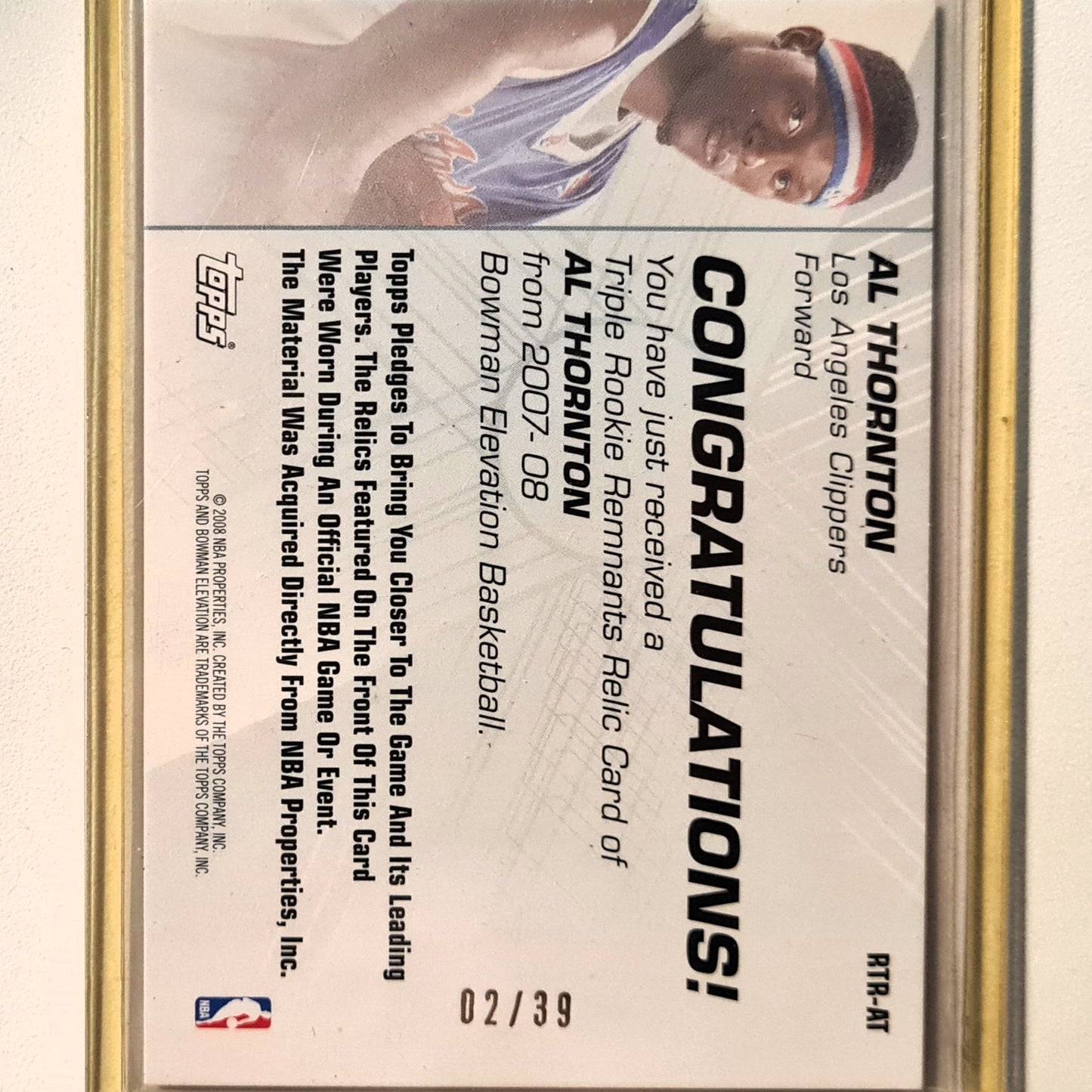 Al Thornton 2008 Topps Rookie Remnants RC Relic triple patch 02/39 RTR-AT  NBA Basketball Los Angeles Clippers Excellent sleeved