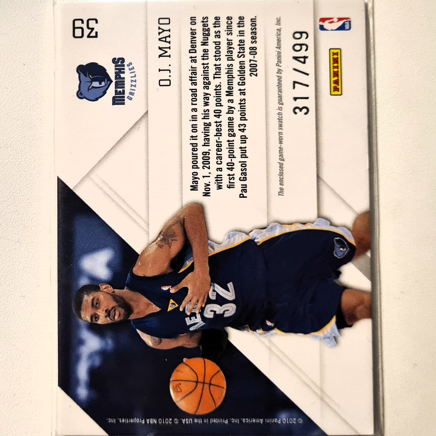 OJ Mayo 2010 Panini Prestigious Pros Relic patch 317/499 #39 NBA Basketball Memphis Grizzlies good sleeved