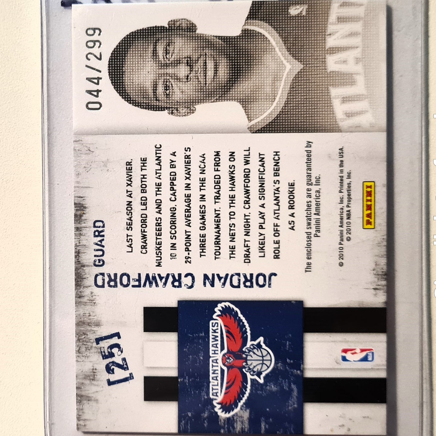 Jordan Crawford 2010 Panini Freshman Orientation Rookie RC Patch 044/299 #25 NBA Basketball Atlanta Hawks Excellent sleeved