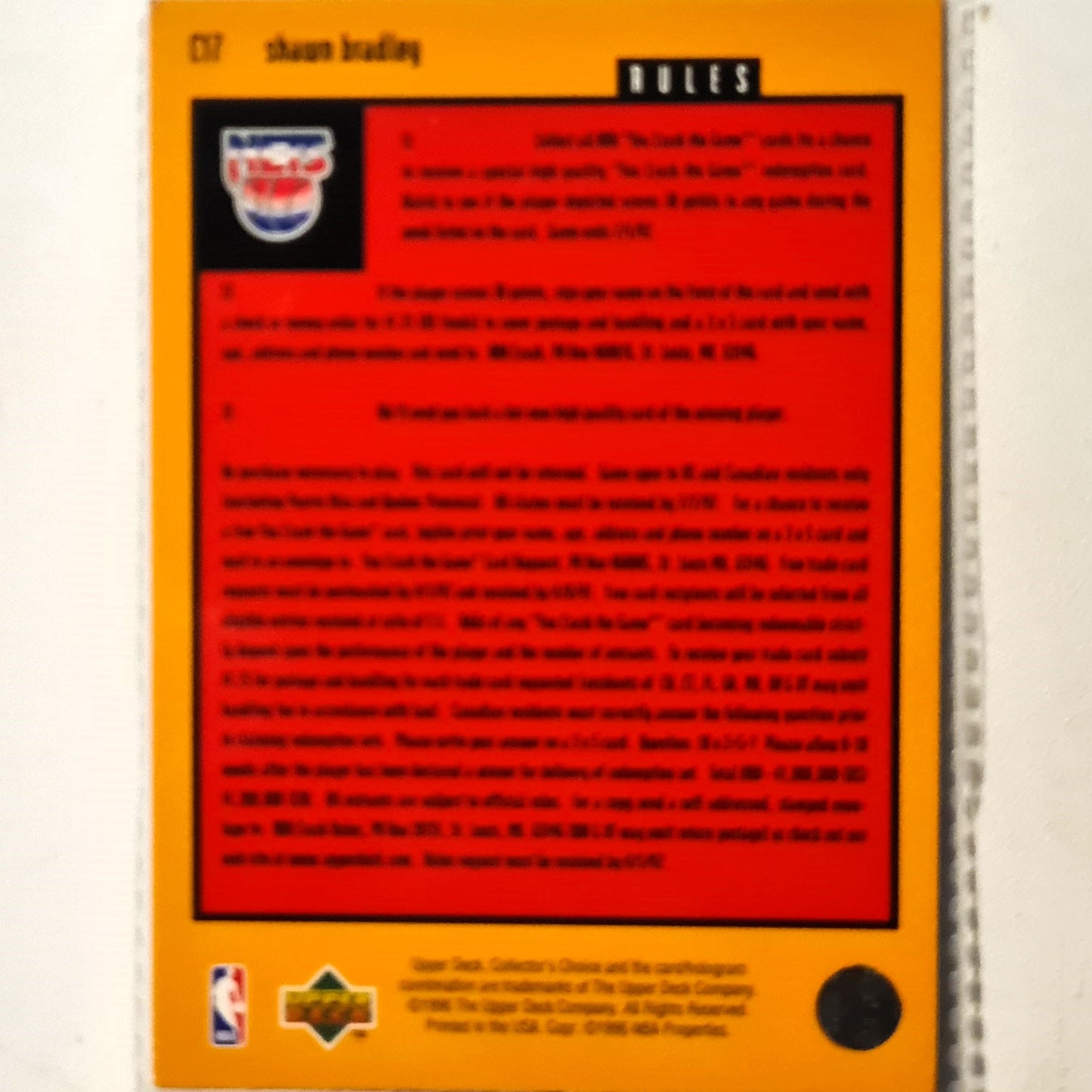 Shawn Bradley 1996 Upper Deck you crash the game C17 NBA Basketball New Jersey Nets very good sleeved