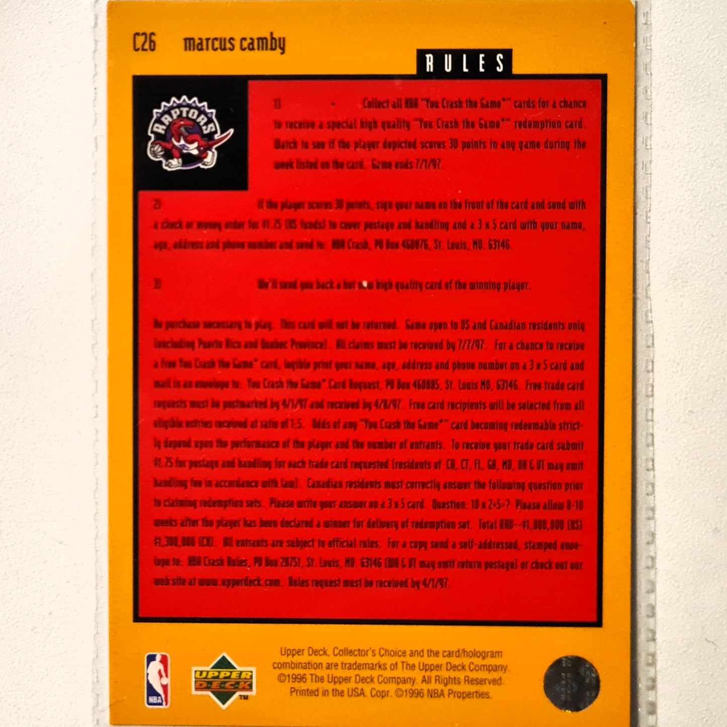 Marcus Camby 1996 Upper Deck you crash the game C26 NBA Basketball Toronto Raptors  good sleeved