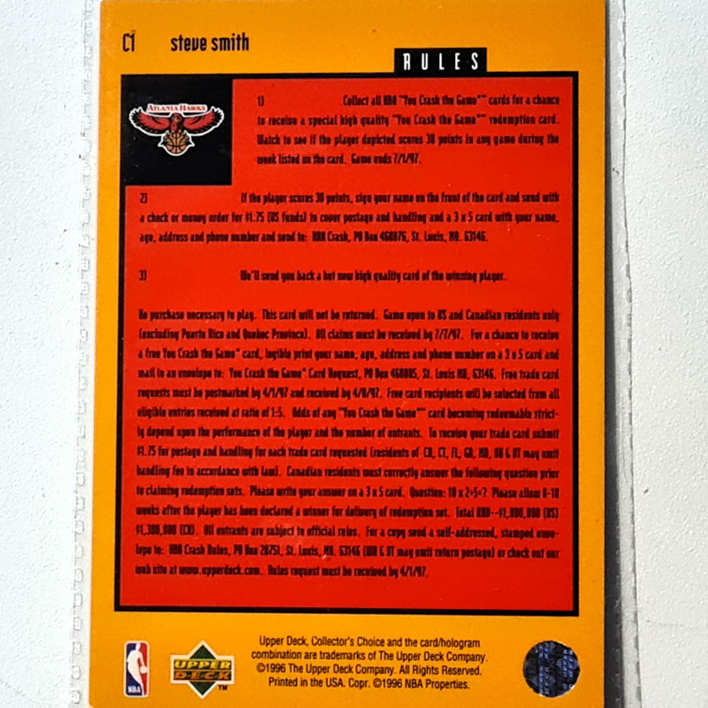 Steve Smith 1996 Upper Deck you crash the game C1 NBA Basketball Atlanta Hawks very good sleeved