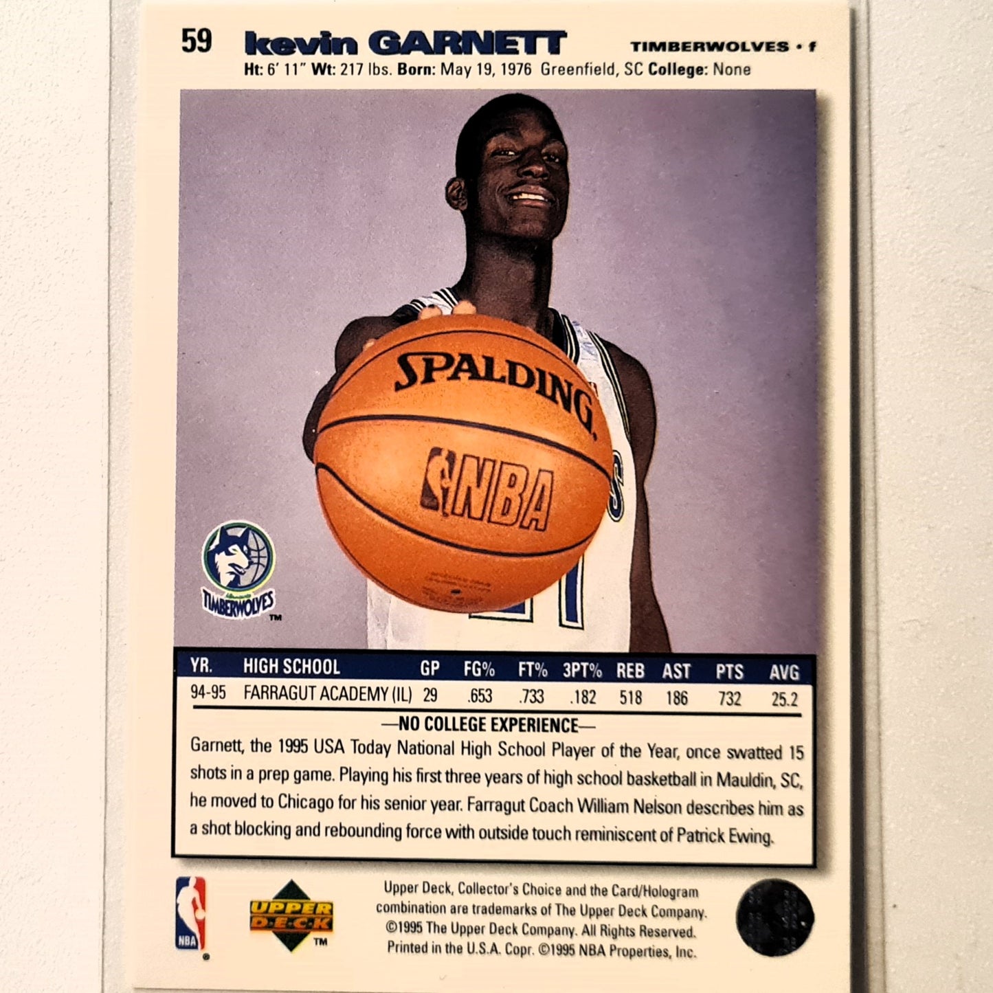 Kevin Garnett 1995 Upper-Deck collectors choice Rookie RC #59 NBA Basketball Minnesota Timberwolves Excellent Sleeved