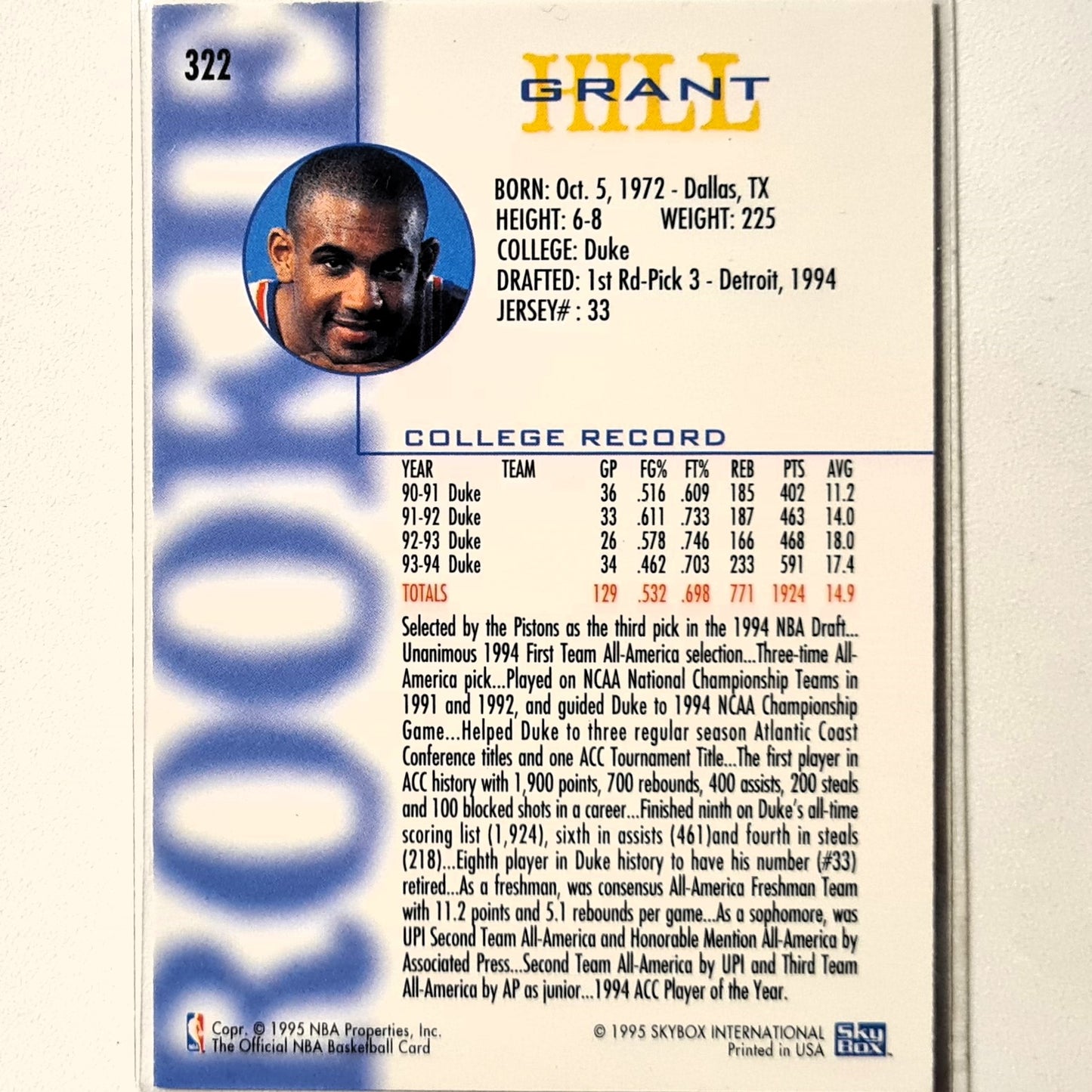 Grant Hill 1995 Skybox NBA Hoops Rookie RC #322 NBA Basketball Detroit Pistons Excellent/Mint sleeved