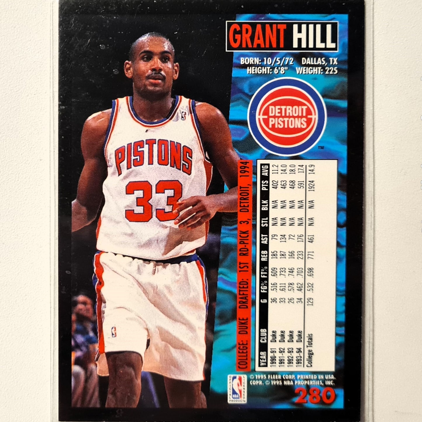 Grant Hill 1995 Fleer 94-95 Rookie RC #280 NBA Basketball Detroit Pistons Excellent/Mint sleeved