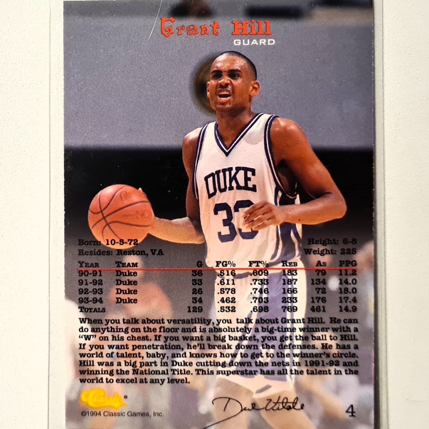 Grant Hill 1994 Classic Printers proof 1 of 975 Rookie RC #4 NBA Basketball Duke/Detroit Pistons Excellent sleeved