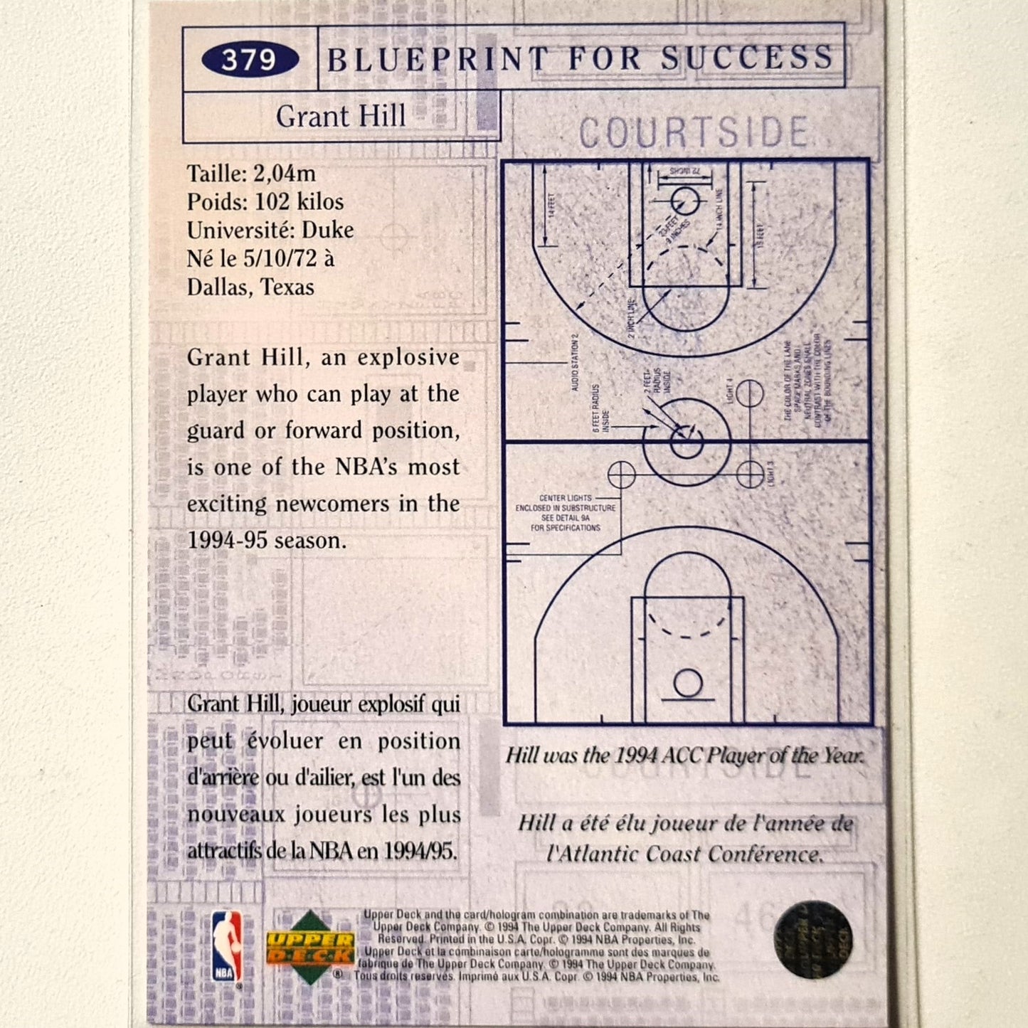 Grant Hill 1994 Upper-Deck Blueprint for success Rookie RC #379 NBA Basketball Detroit Pistons Excellent sleeved