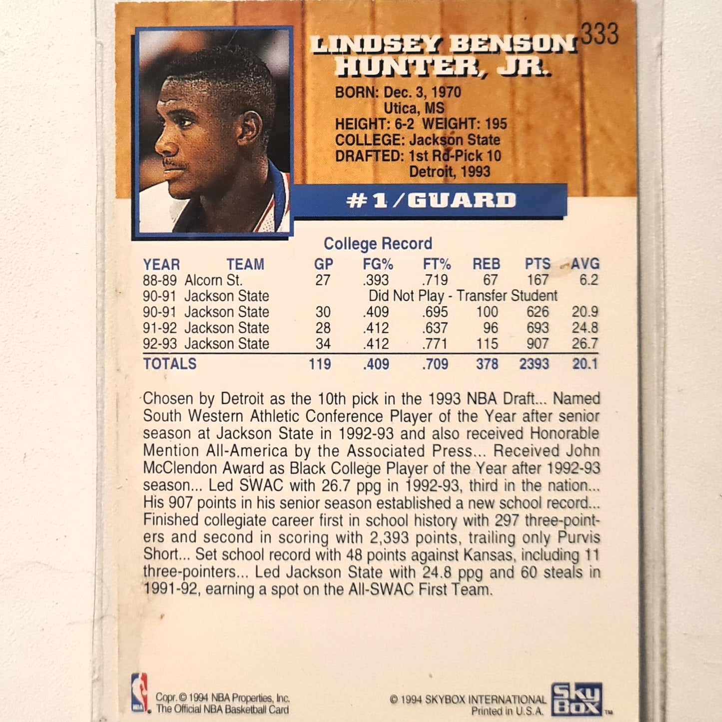 Lindsey Hunter 1994 Skybox NBA Hoops Rookie RC #333 NBA Basketball Detroit Pistons good sleeved