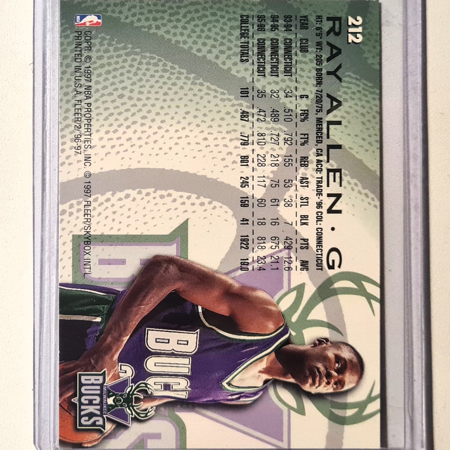 Ray Allen 1996 Fleer 96-97 Rookie RC #212 NBA Basketball Milwaukee Bucks Excellent sleeved