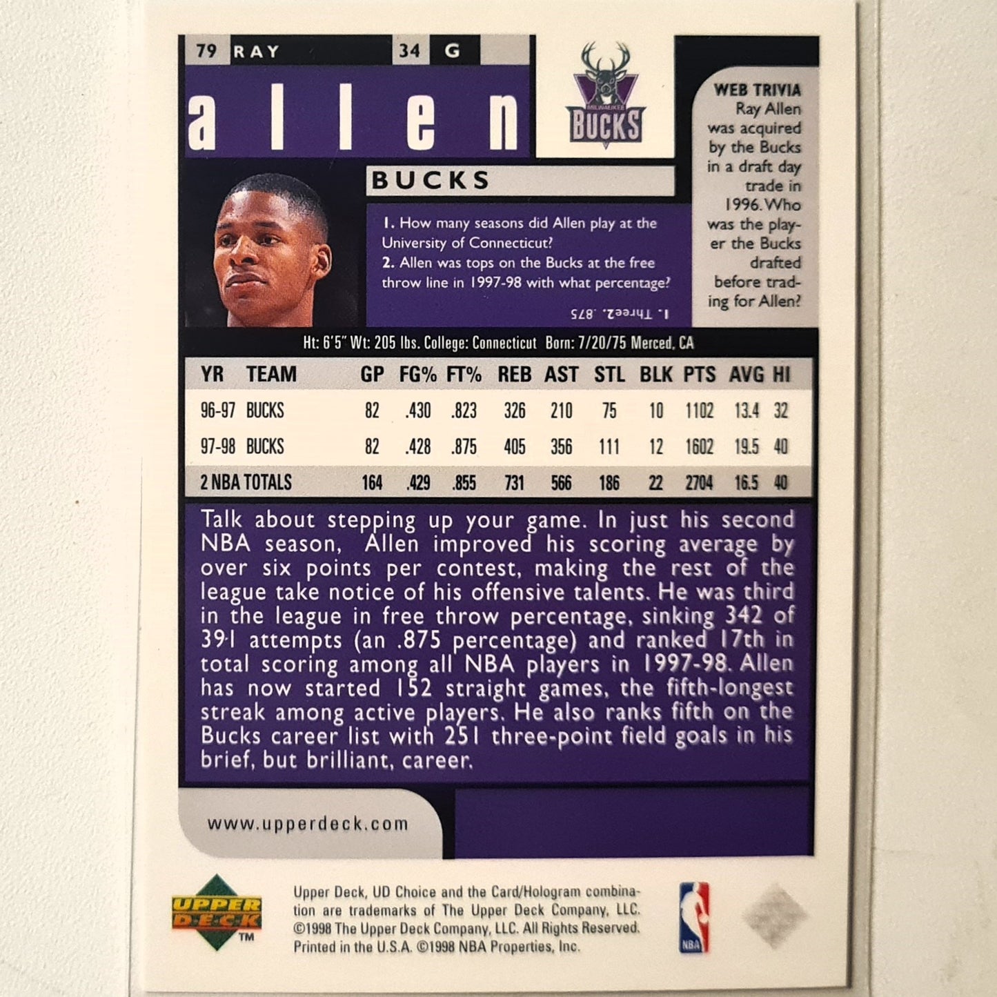 Ray Allen 1998 Upper-Deck #79 NBA Basketball Milwaukee Bucks Excellent sleeved