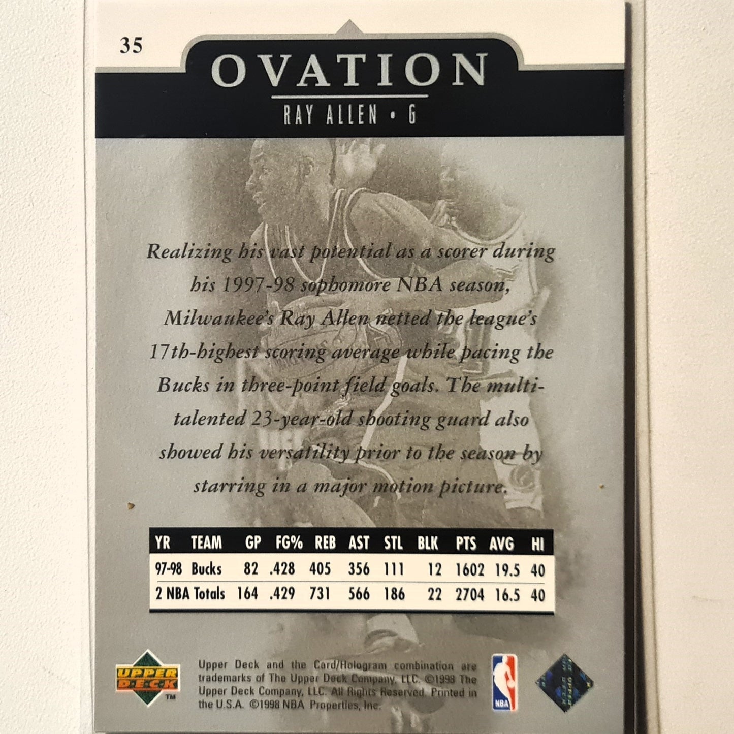 Ray Allen 1998 Upper-Deck Ovation #35 NBA Basketball Milwaukee Bucks Excellent sleeved
