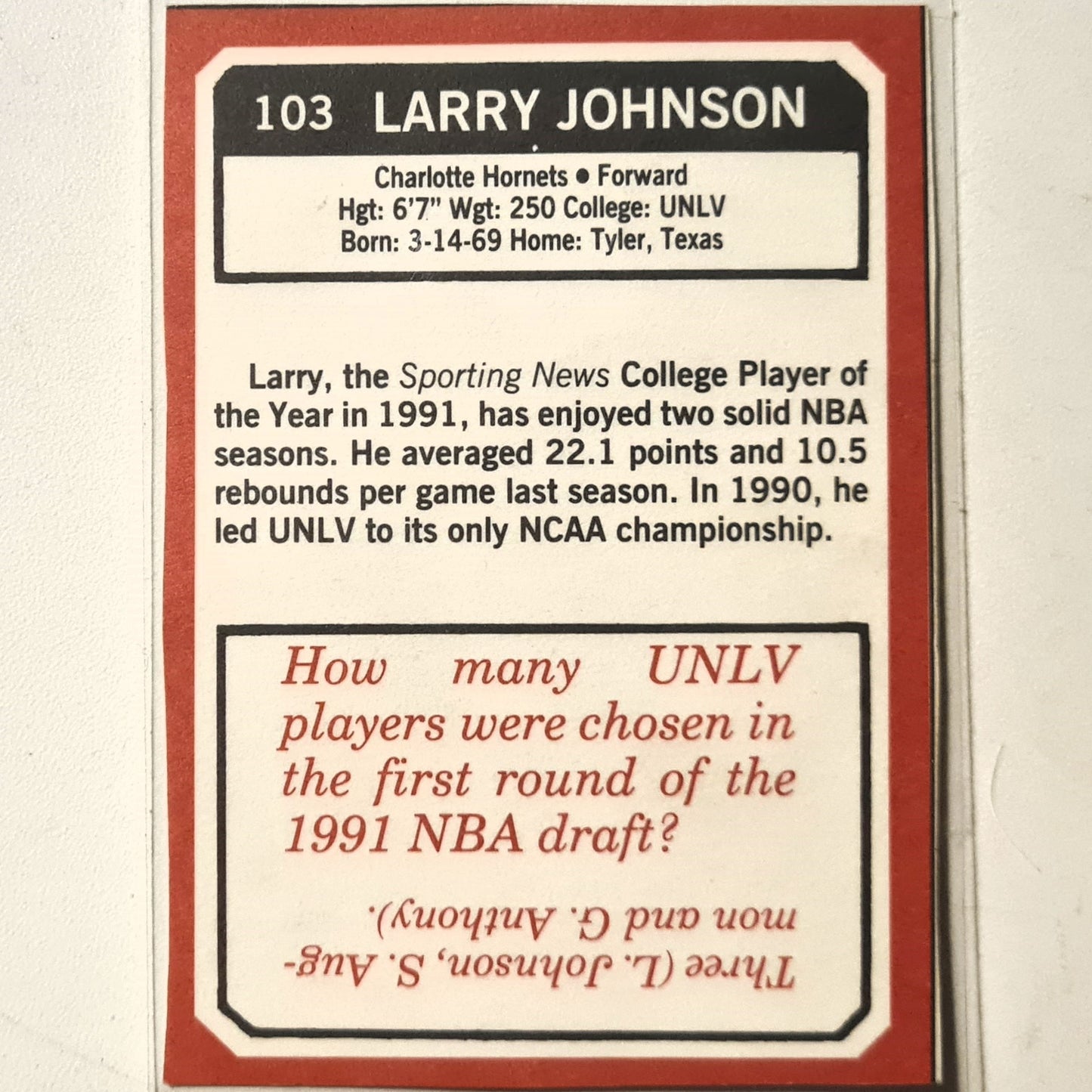 Larry Johnson 1993 price guide magazine card repli-cards #103 NBA Basketball Charlotte Hornets very good sleeved