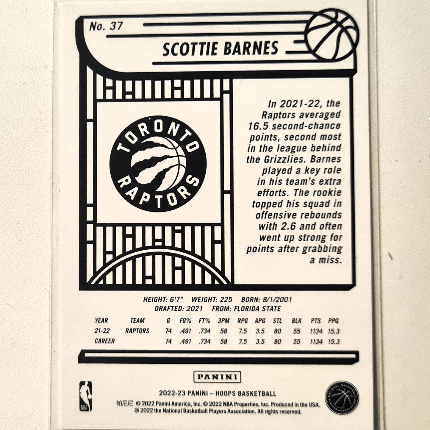 Scottie Barnes 2022-23 Panini NBA Hoops #37 NBA Basketball Toronto Raptors Excellent sleeved