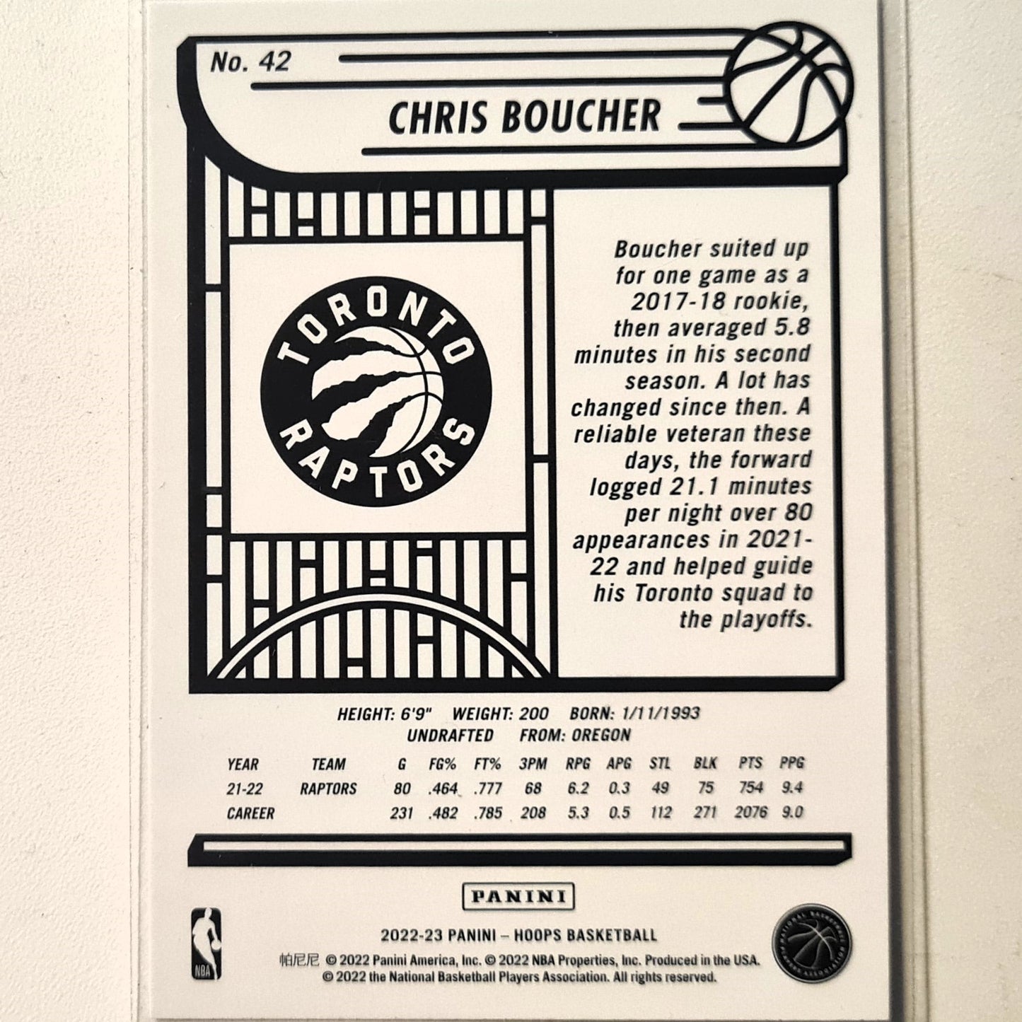 Chris Boucher 2022-23 Panini NBA Hoops #42 NBA Basketball Toronto Raptors Excellent sleeved