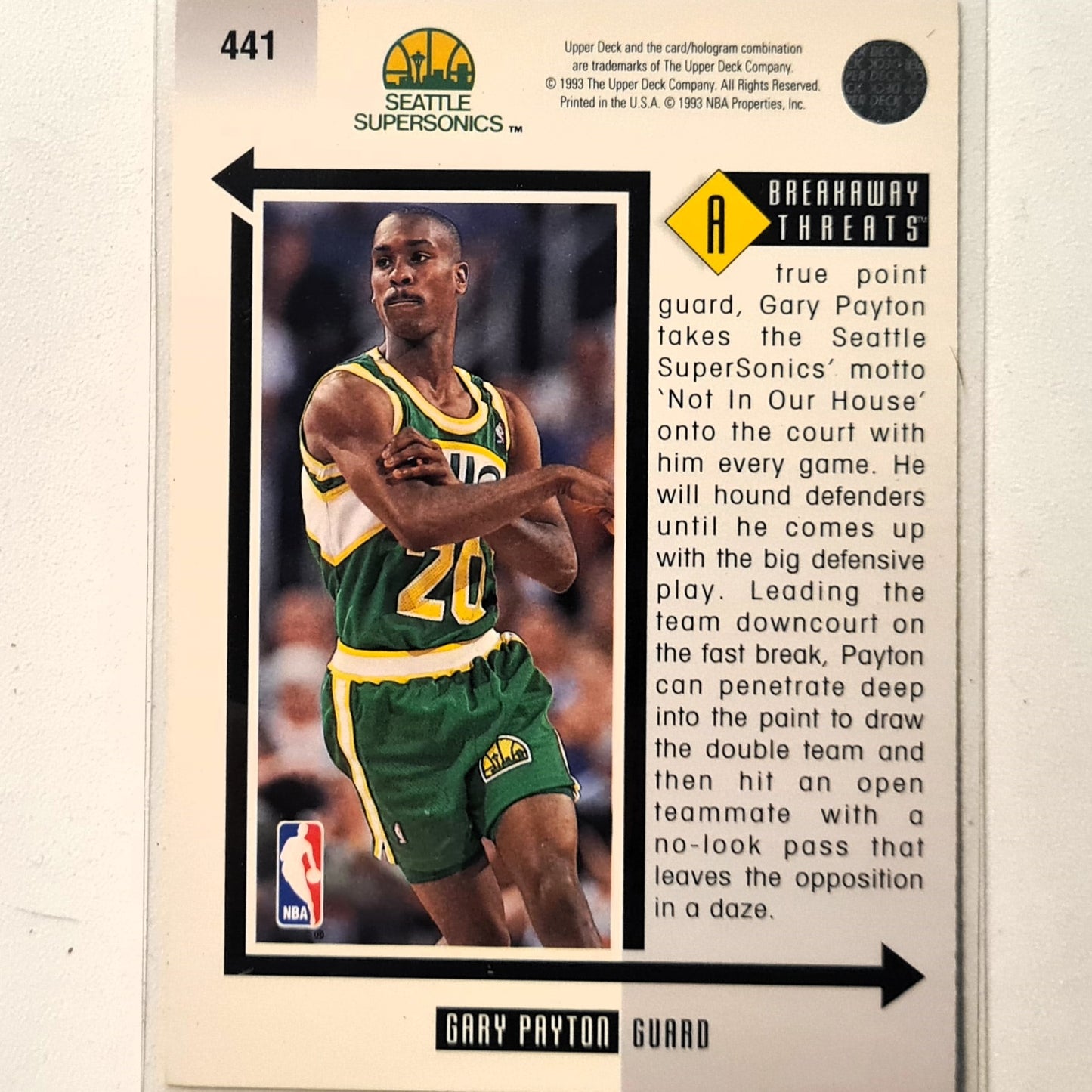 Gary Payton 1993 Upper-Deck Breakaway Threats #441 NBA Basketball Seattle Super Sonics very good sleeved