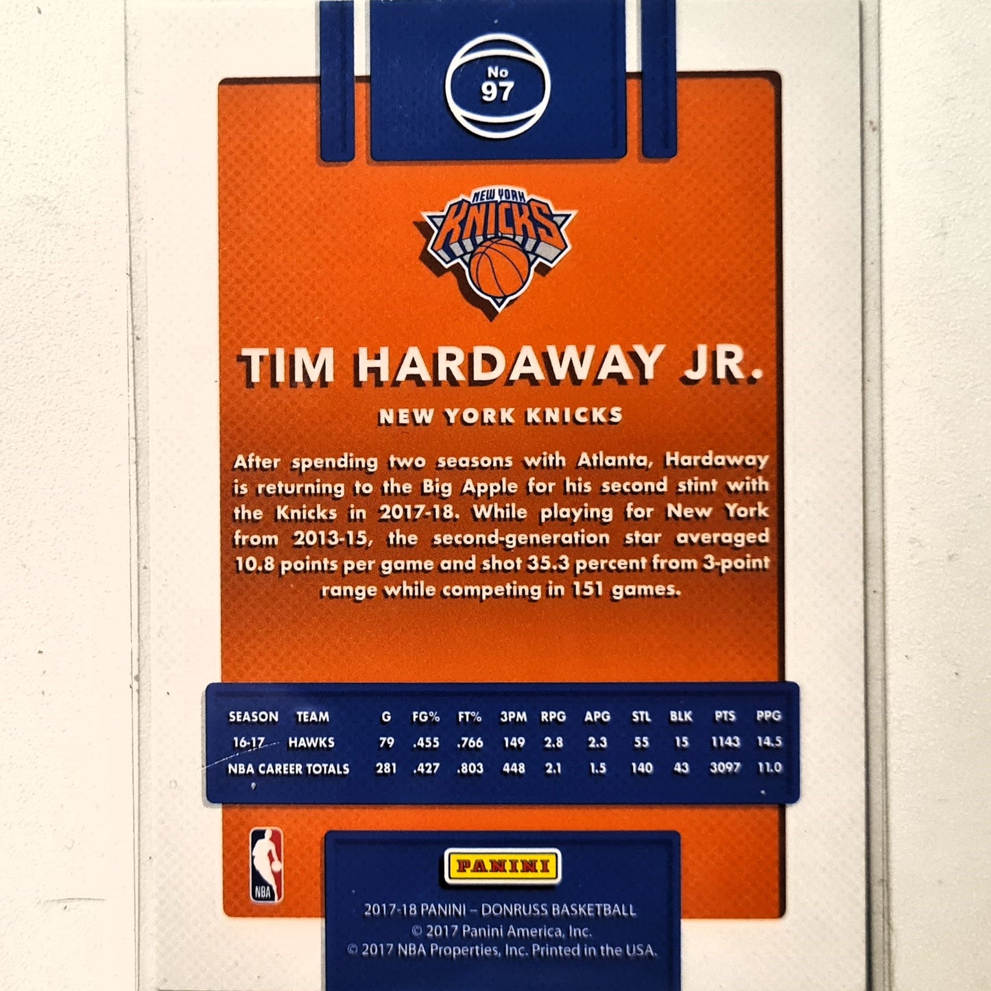 Tim Hardaway Jr 2017-18 Panini Donruss #97 NBA Basketball New York Knicks sleeved