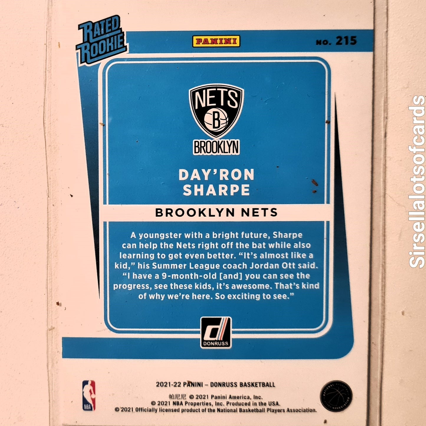 Day'Ron Sharpe 2021-22 Panini Donruss Rated Rookie RC #215 NBA Basketball Brooklyn Nets Excellent/mint sleeved