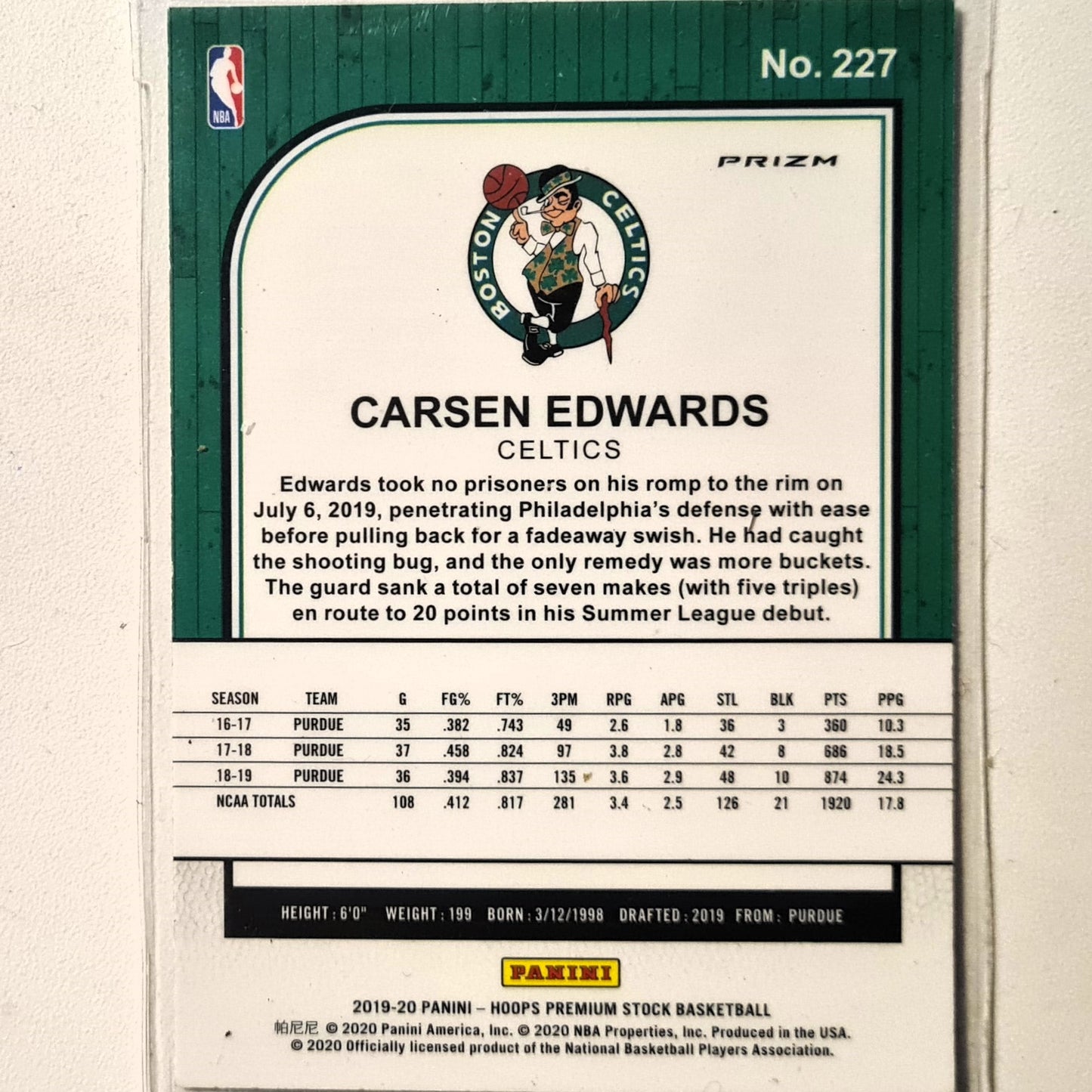 Carsen Edwards 2019-20 Panini NBA Hoops premium stick laser prizm Rookie RC #227 NBA Basketball Boston Celtics Excellent/mint sleeved