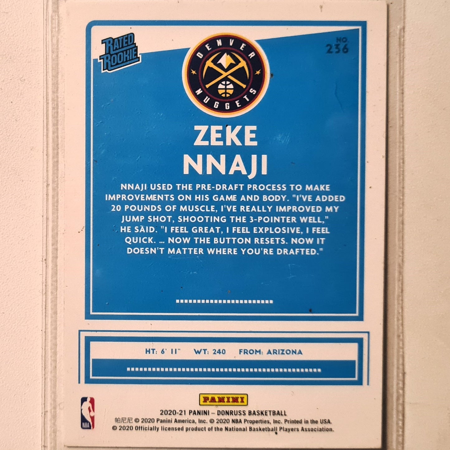 Zeke Nnaji 2020-21 Panini Donruss Rated Rookie #236 NBA Basketball Denver Nuggets Mint sleeved