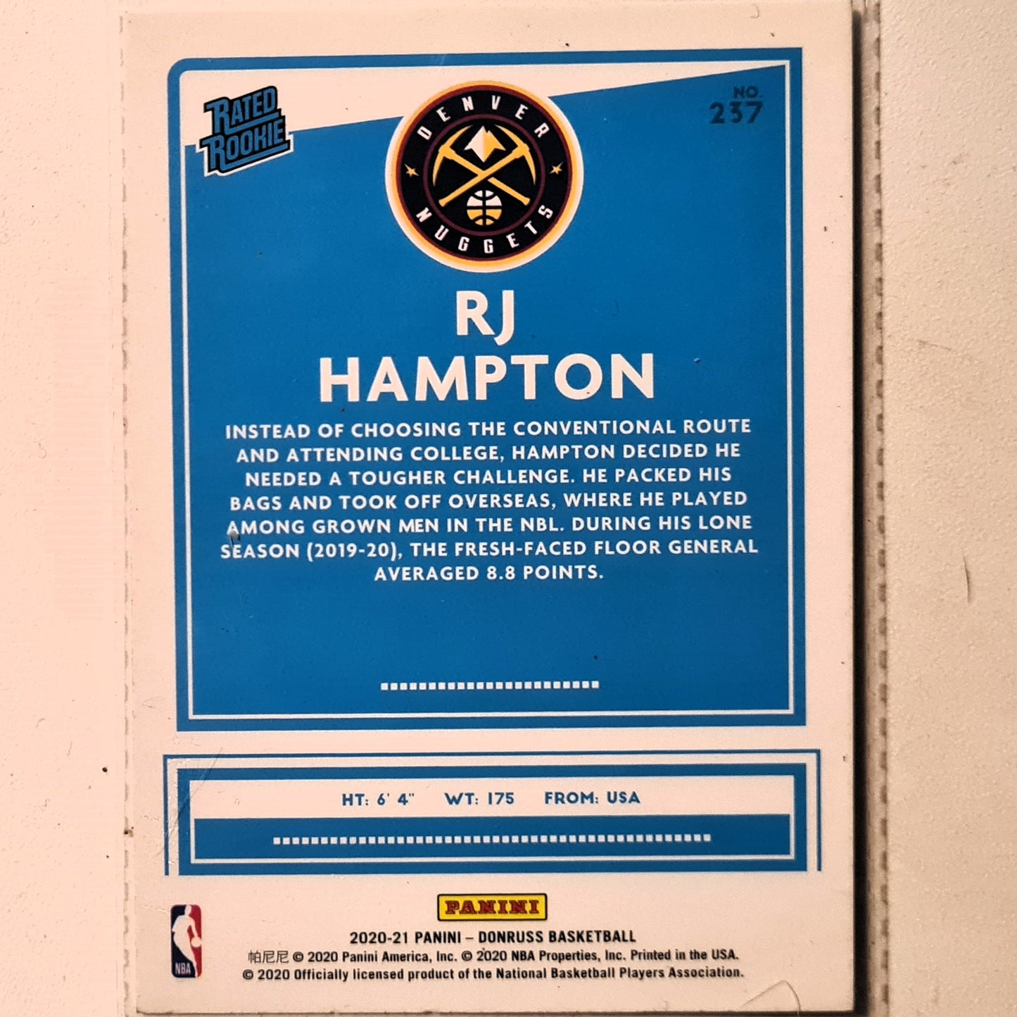 RJ Hampton 2020-21 Panini Donruss Rated Rookie RC #257 NBA Basketball Denver Nuggets Excellent/Mint sleeved