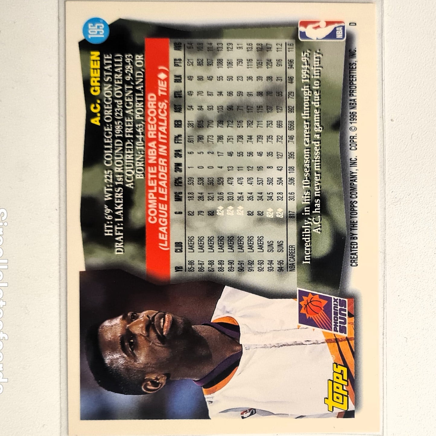 AC Green 1996 Topps #195 NBA Basketball Phoenix Suns Excellent/mint sleeved