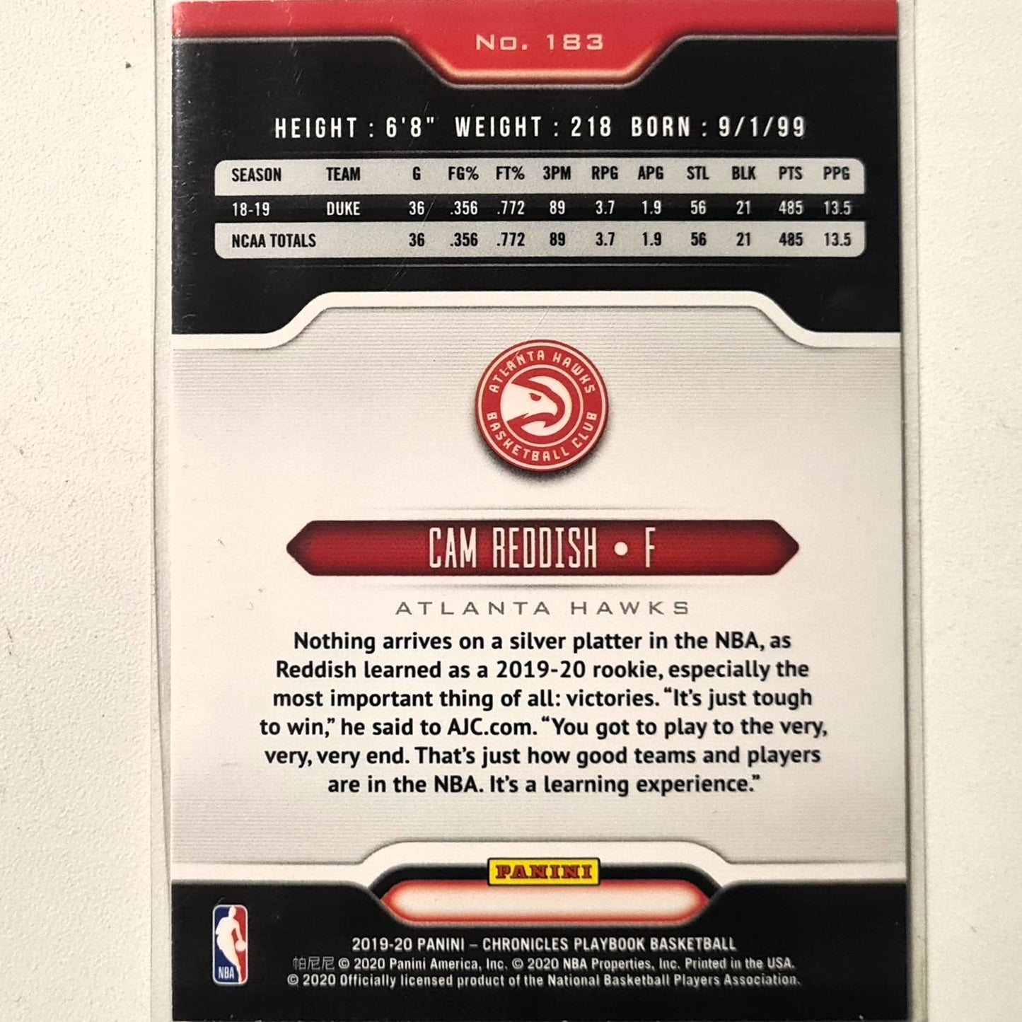 Cam Reddish 2019-20 Panini Chronicles Playbook Rookie RC #183 NBA Basketball Atlanta hawks Excellent Sleeved