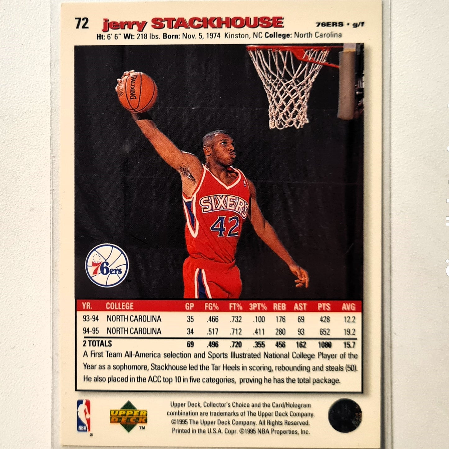 Jerry Stackhouse 1995 Upper-Deck #72 NBA Basketball Philadelphia 76ers Excellent sleeved