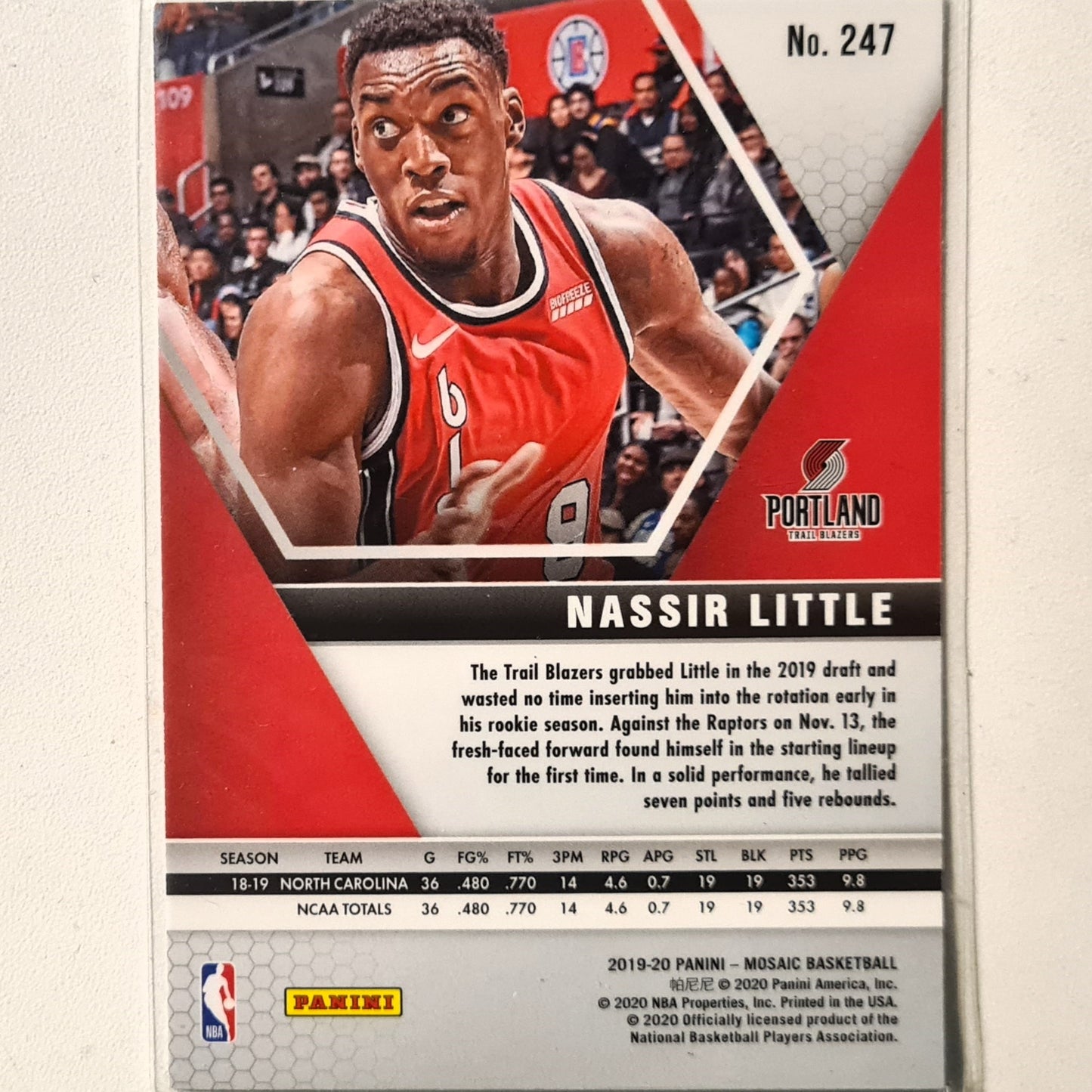 Nassir Little 2020-21 Panini Mosaic Rookie RC #247 NBA Basketball Portland Trail Blazers Excellent sleeved