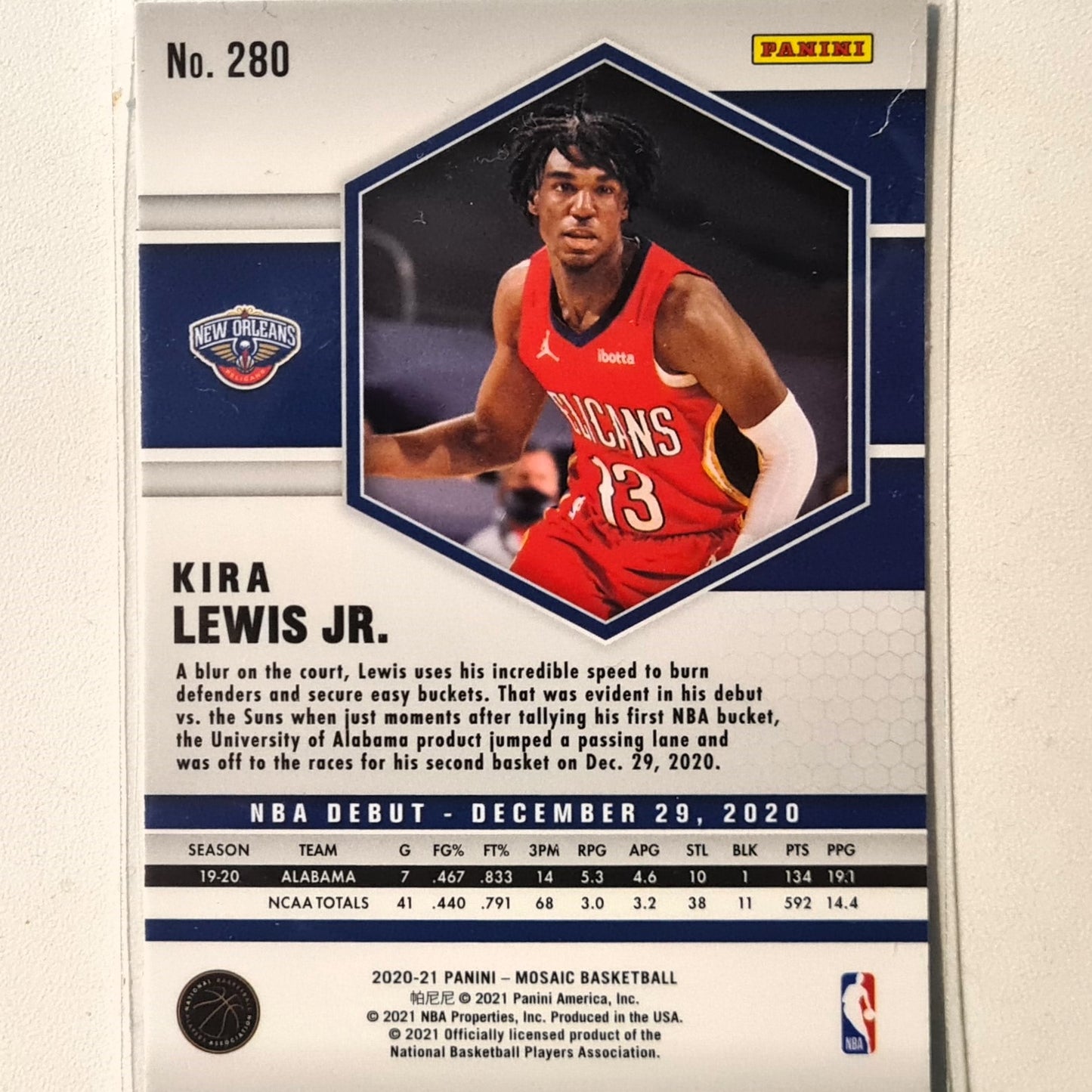 Kira Lewis Jr 2020-21 Panini Mosaic Rookie RC #280 NBA Basketball New Orleans Pelicans Excellent sleeved