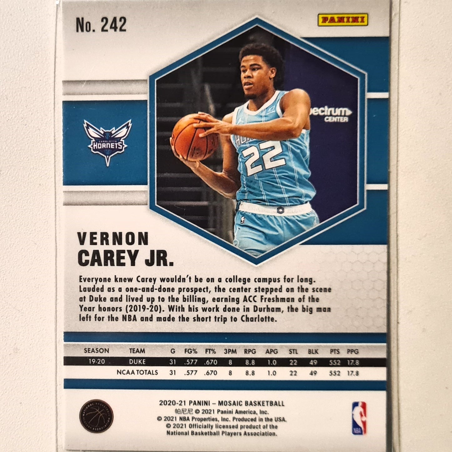 Vernon Carey Jr 2020-21 Panini Mosaic Rookie RC #242 NBA Basketball Charlotte Hornets Excellent sleeved