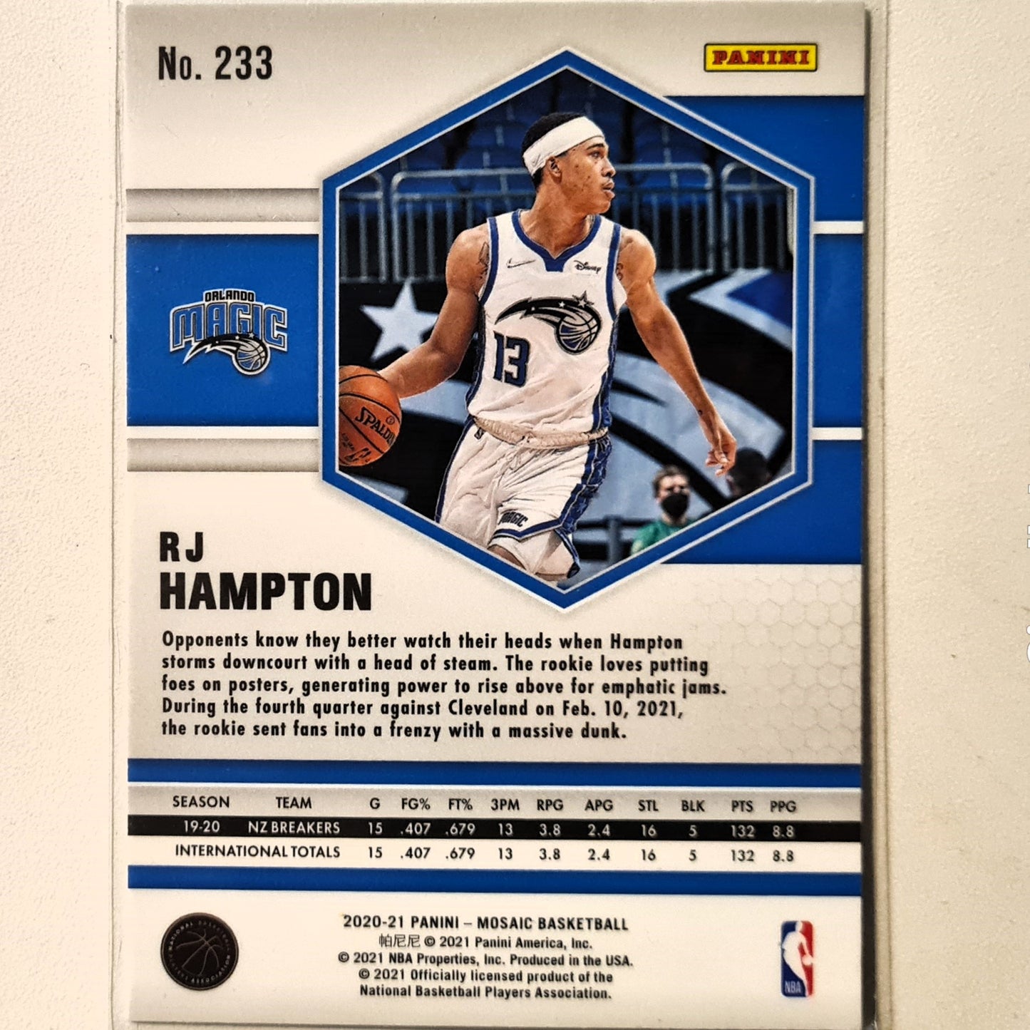 RJ Hampton 2020-21 Panini Mosaic Rookie RC #233 NBA Basketball Orlando Magic Excellent sleeved