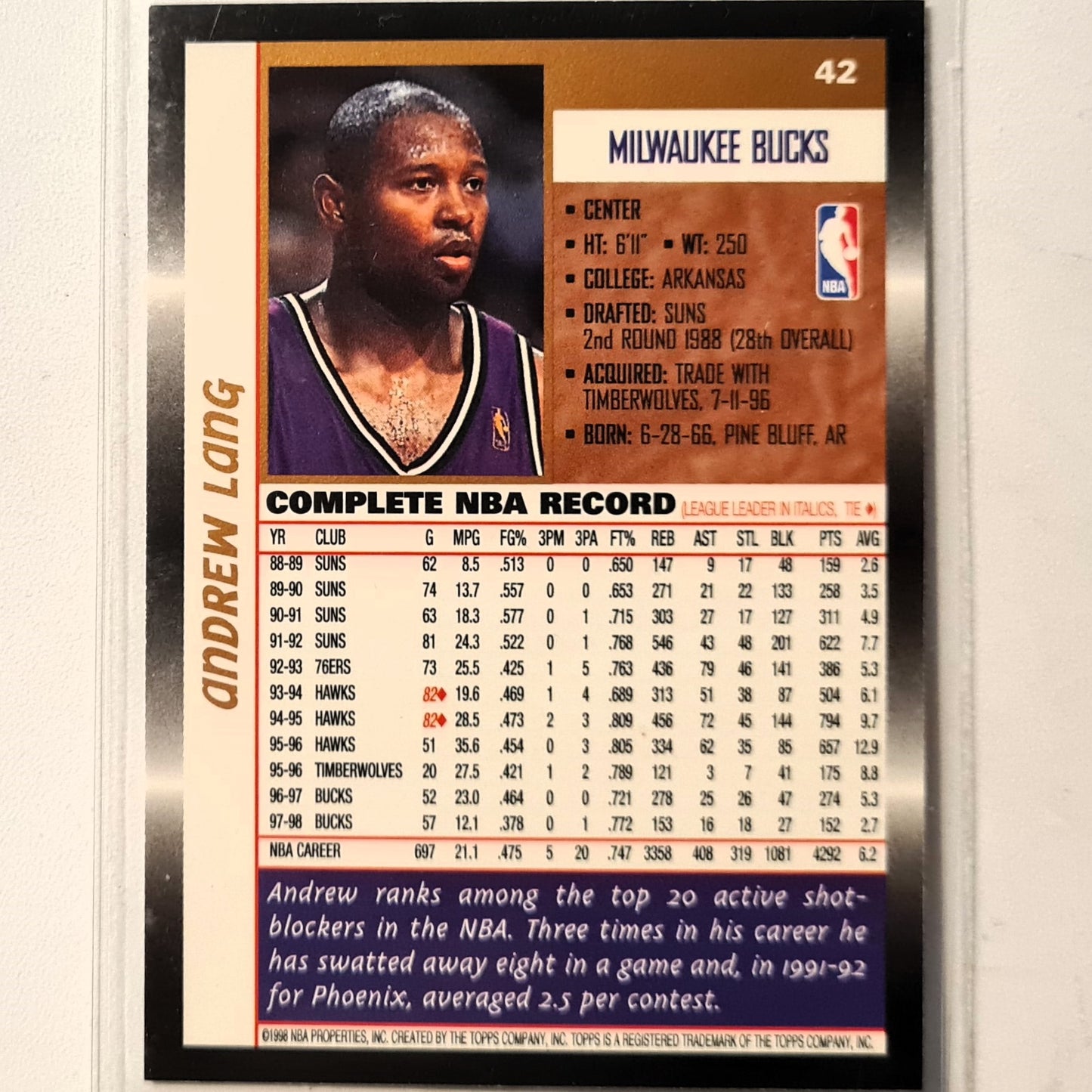 Andrew Lang 1998 Topps #42 NBA Basketball Milwaukee Bucks Excellent sleeved