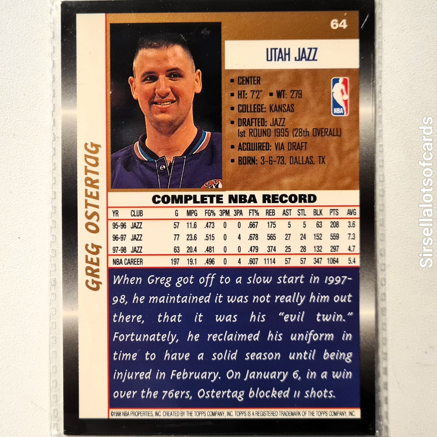 Greg Ostertag 1998 Topps #64 NBA Basketball Utah Jazz Excellent sleeved