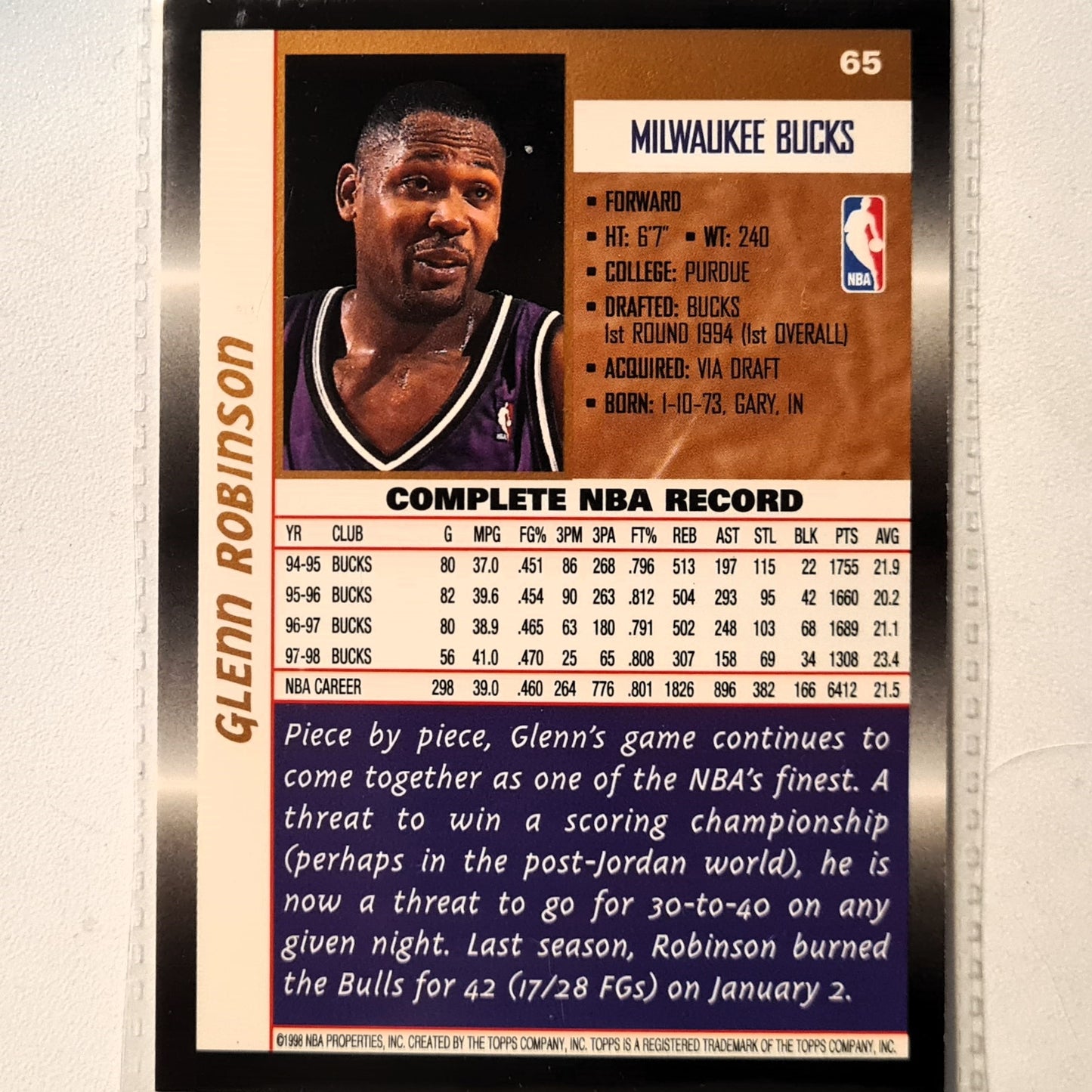 Glenn Robinson 1998 Topps #6 NBA Basketball Milwaukee Bucks Excellent sleeved