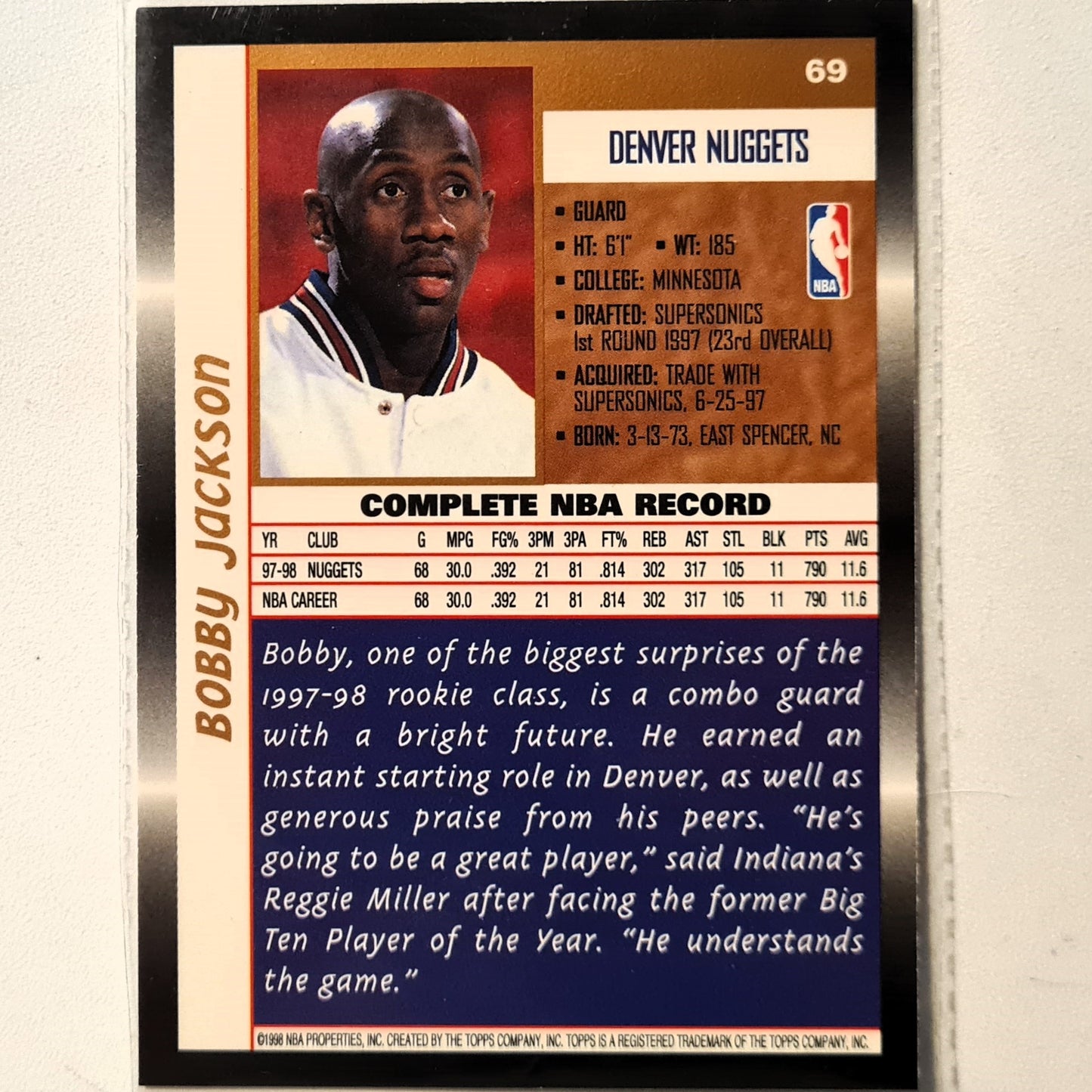 Bobby Jackson 1998 Topps #69 NBA Basketball Denver Nuggets Excellent sleeved