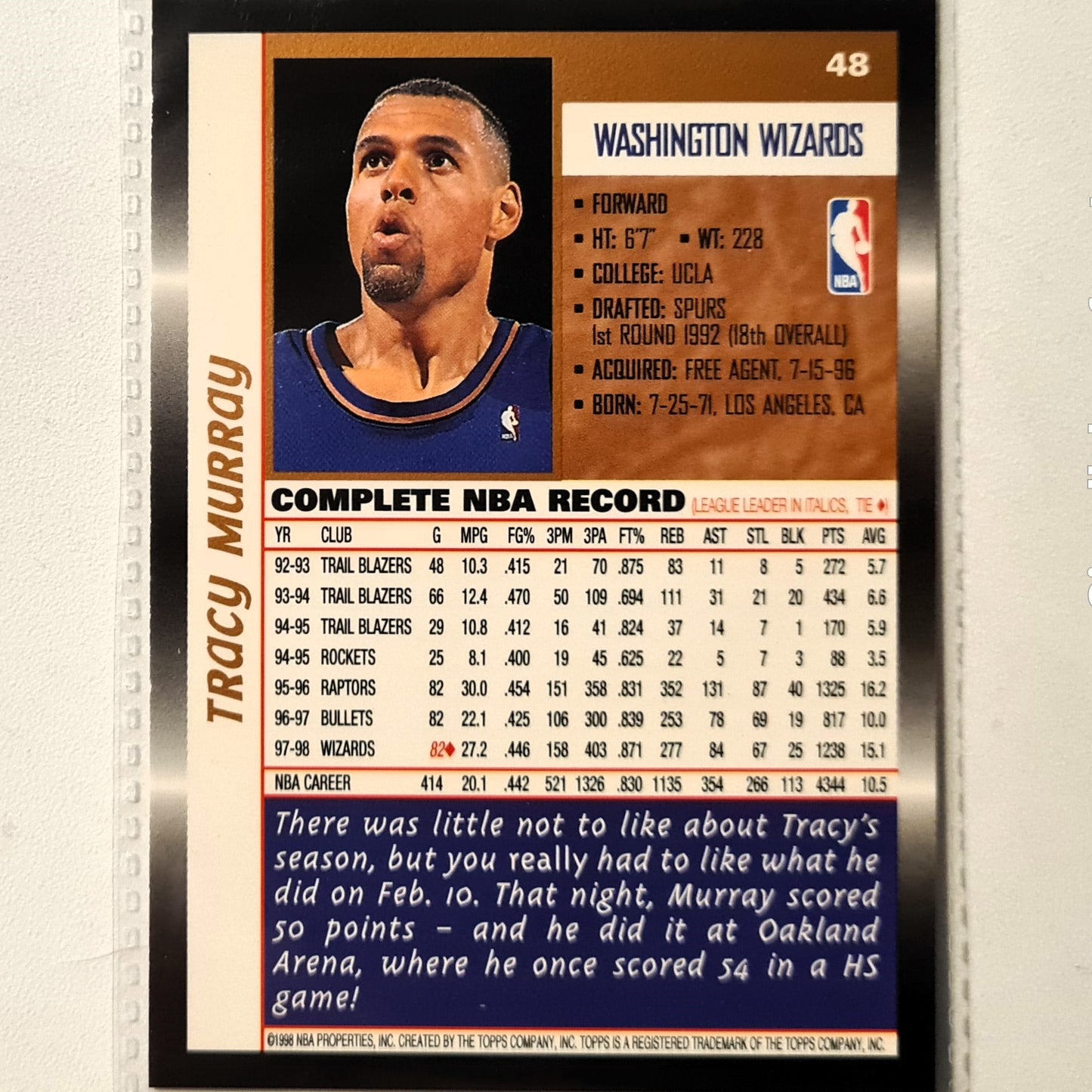 Tracy Murray 1998 Topps #48 NBA Basketball Washington Wizards Excellent sleeved