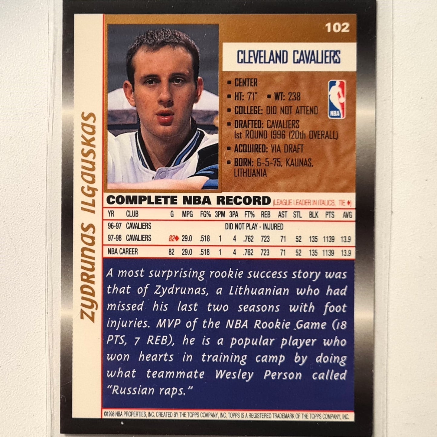 Zydrunas Ilgauskas Topps 1998 #102 NBA Basketball Cleveland Cavaliers Excellent sleeved