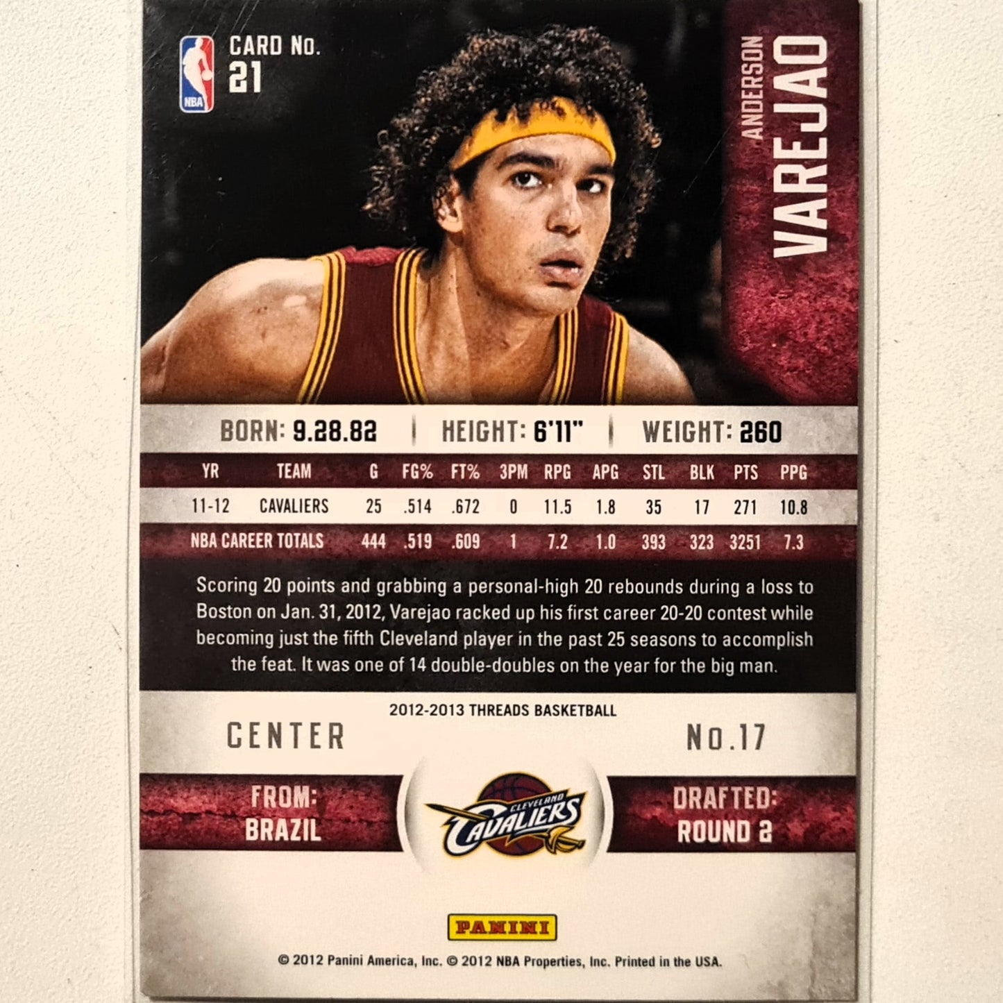 Anderson Varejao 2012 Panini Threads #21 NBA Basketball Cleveland Cavaliers very good sleeved