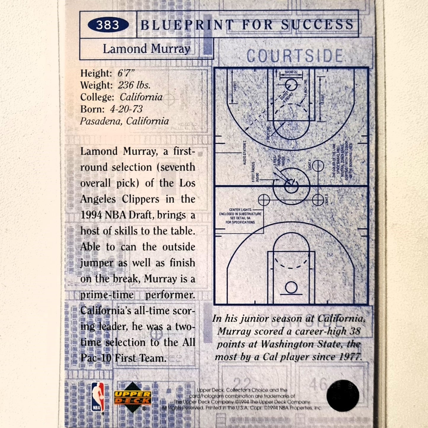 Lamond Murray 1994 Upper-Deck Blueprint RC Rookie #383 NBA Basketball Los Angeles Clippers  Excellent  sleeved