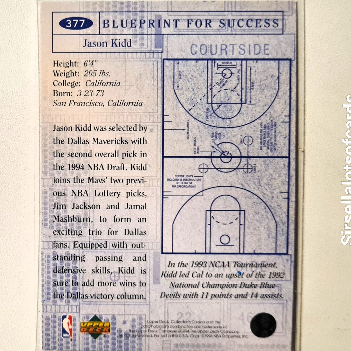 Jason Kidd 1994 Upper-Deck Blueprint Rookie RC #377 NBA Basketball Dallas Mavericks Excellent sleeved