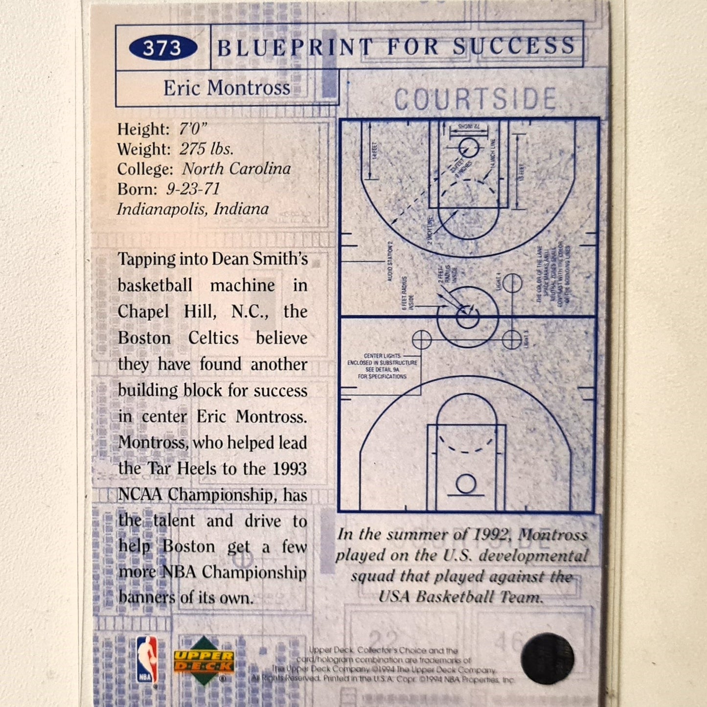 Eric Montross 1994 Upper-Deck Blueprint Rookie RC #373 NBA Basketball Boston Celtics Excellent sleeved