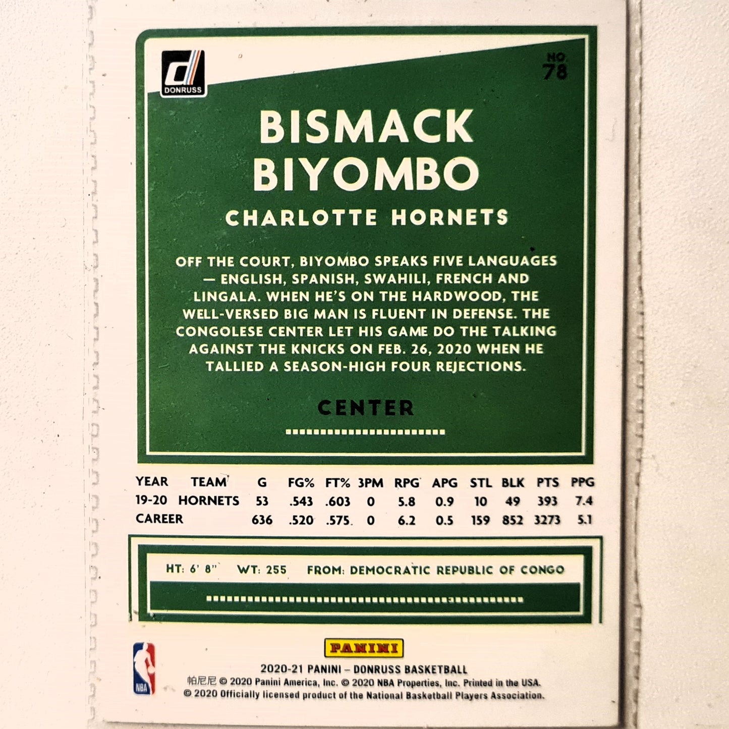 Bismack Biyombo 2020-21 Panini Donruss orange Laser #124 NBA Basketball Charlotte Hornets Excellent sleeved