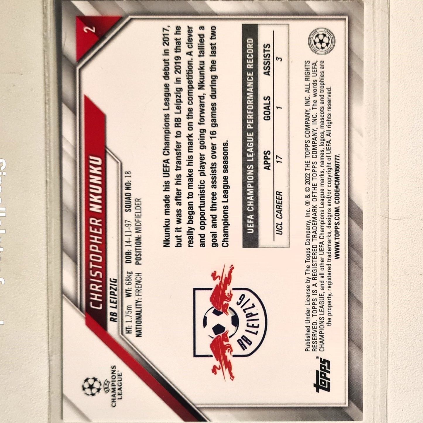 Christopher Nkunku 2022 Topps Champions League #2 Soccer Football RB Leipzig Excellent sleeved