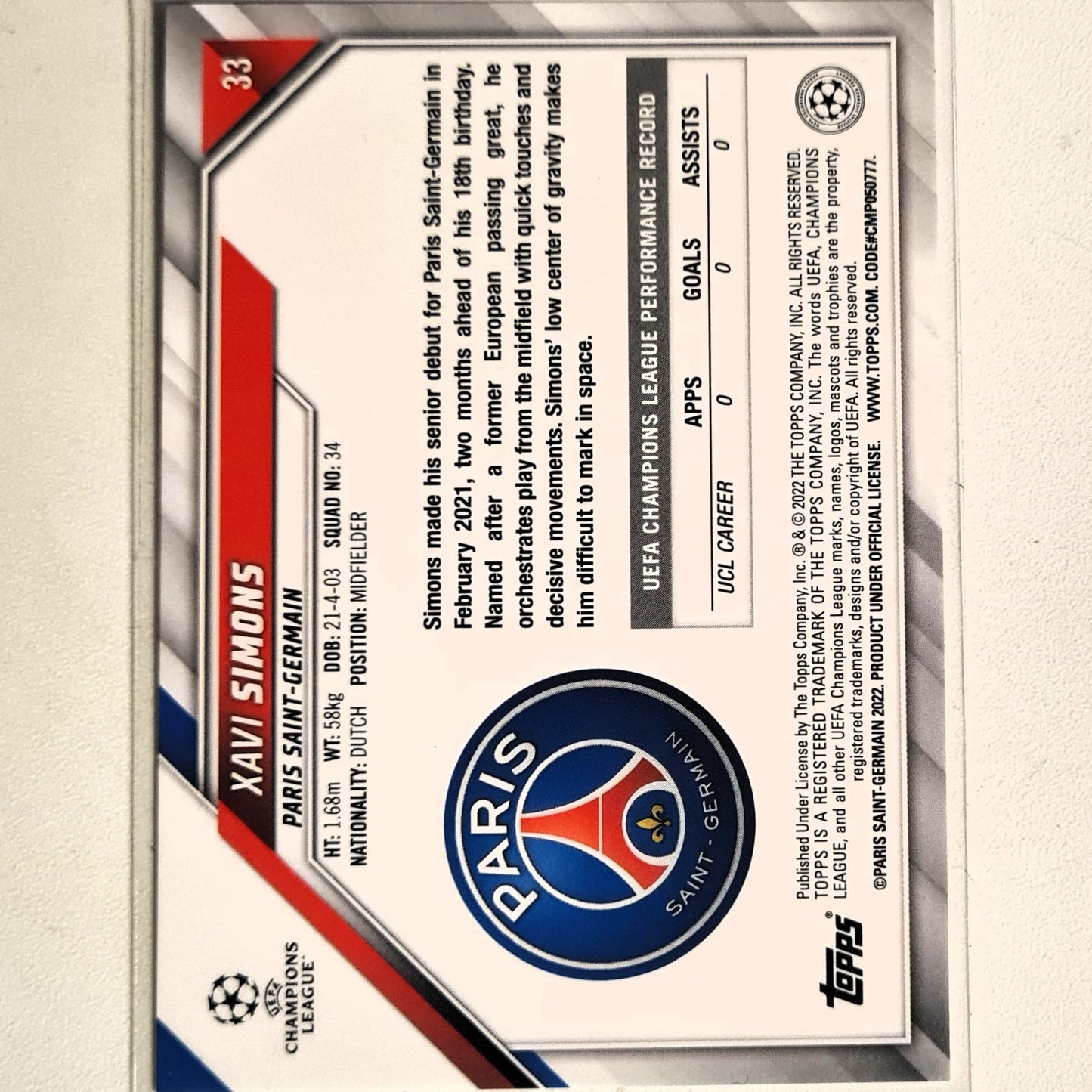 Xavi Simons 2022 Topps Chrome Champions League #33 Soccer Football Paris Saint-Germain mint sleeved