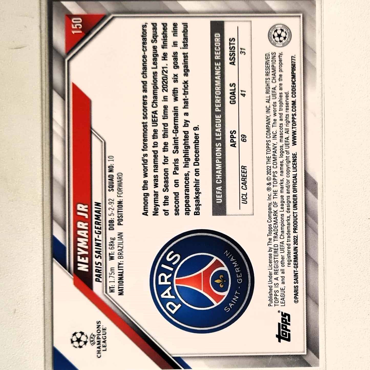 Neymar Jr 2022 Topps Chrome Champions League #150 Soccer Football Paris Saint-Germain mint sleeved