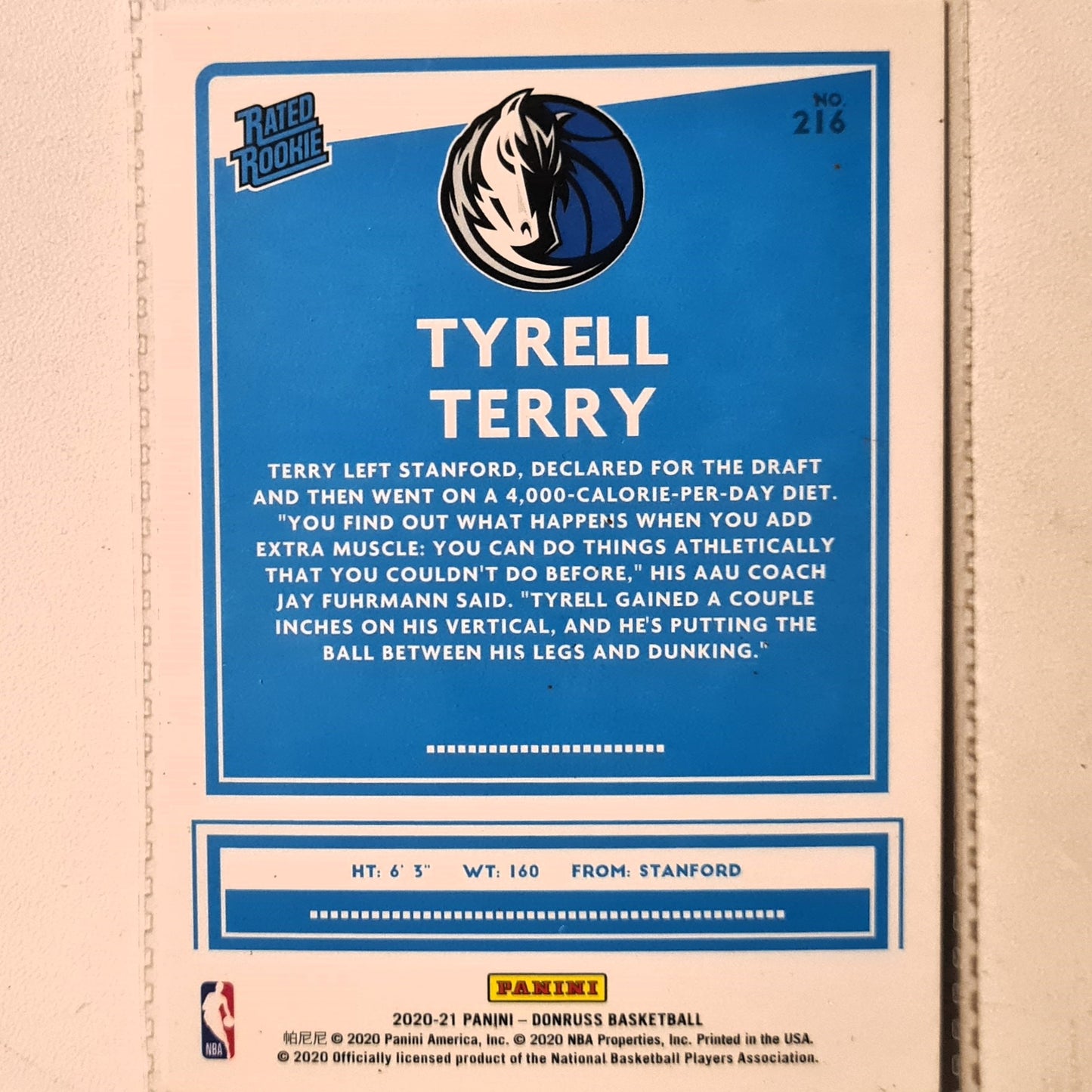 Tyrell Terry 2020-21 Panini Rated Rookie RC #216 NBA Basketball Dallas Mavericks Excellent sleeved