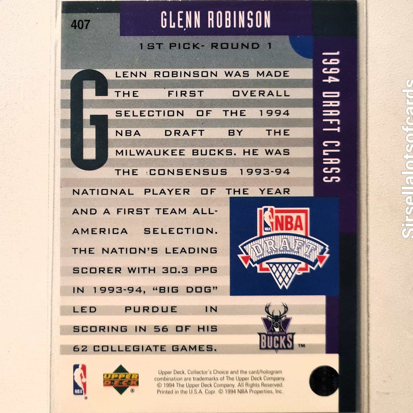 Glenn Robinson 1994 Upper-Deck Draft class Rookie RC #407 NBA Basketball Milwaukee Bucks Excellent Sleeved