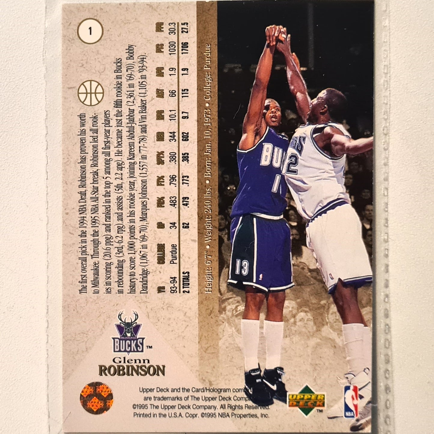 Glenn Robinson 1995 Upper-Deck SP premier prospects #1 NBA Basketball Milwaukee Bucks Excellent Sleeved